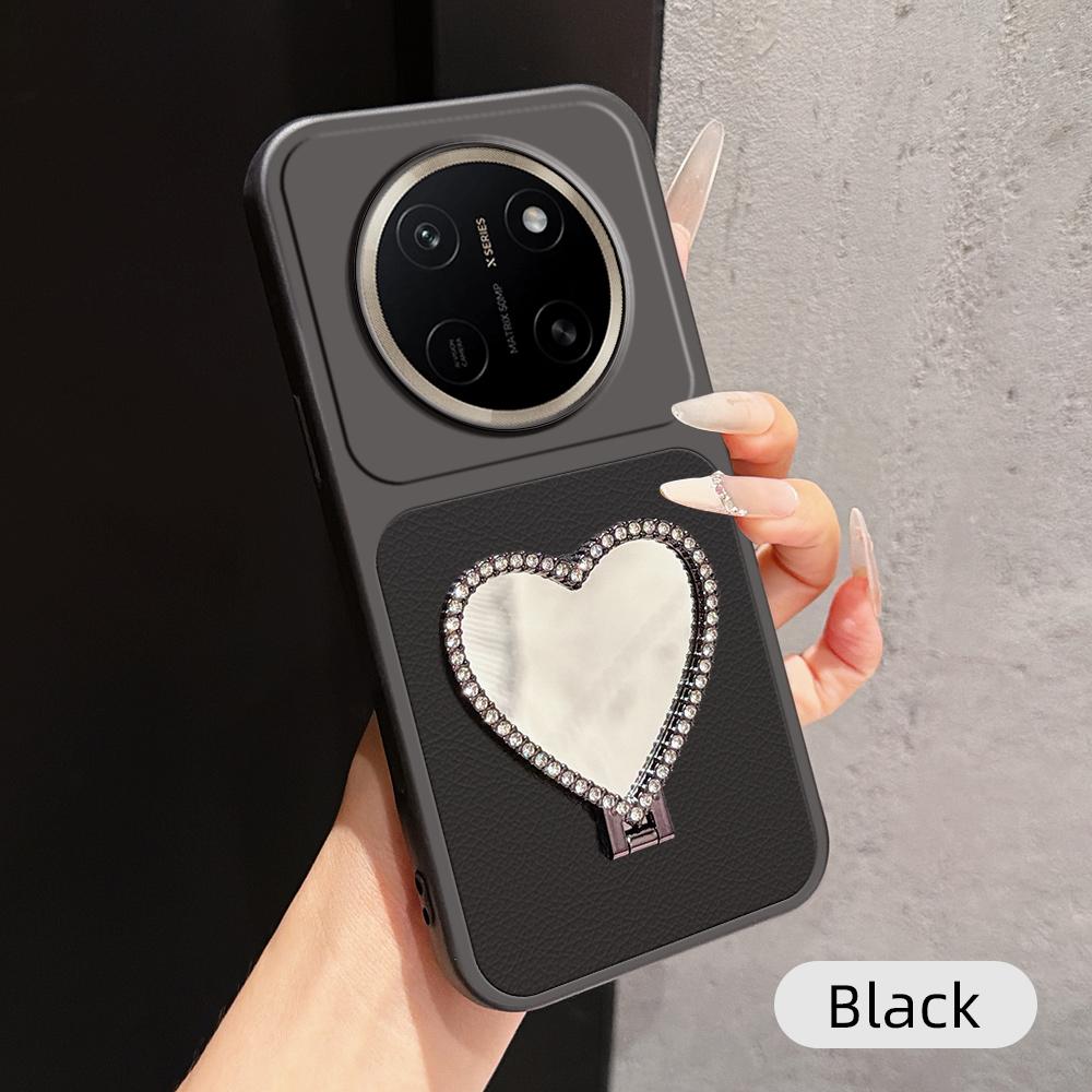 For Honor X80 Pro Max 5G Lambskin Series Skin Feel Shockproof Phone Case with Heart Mirror Holder(Black) - Shopkiz.com