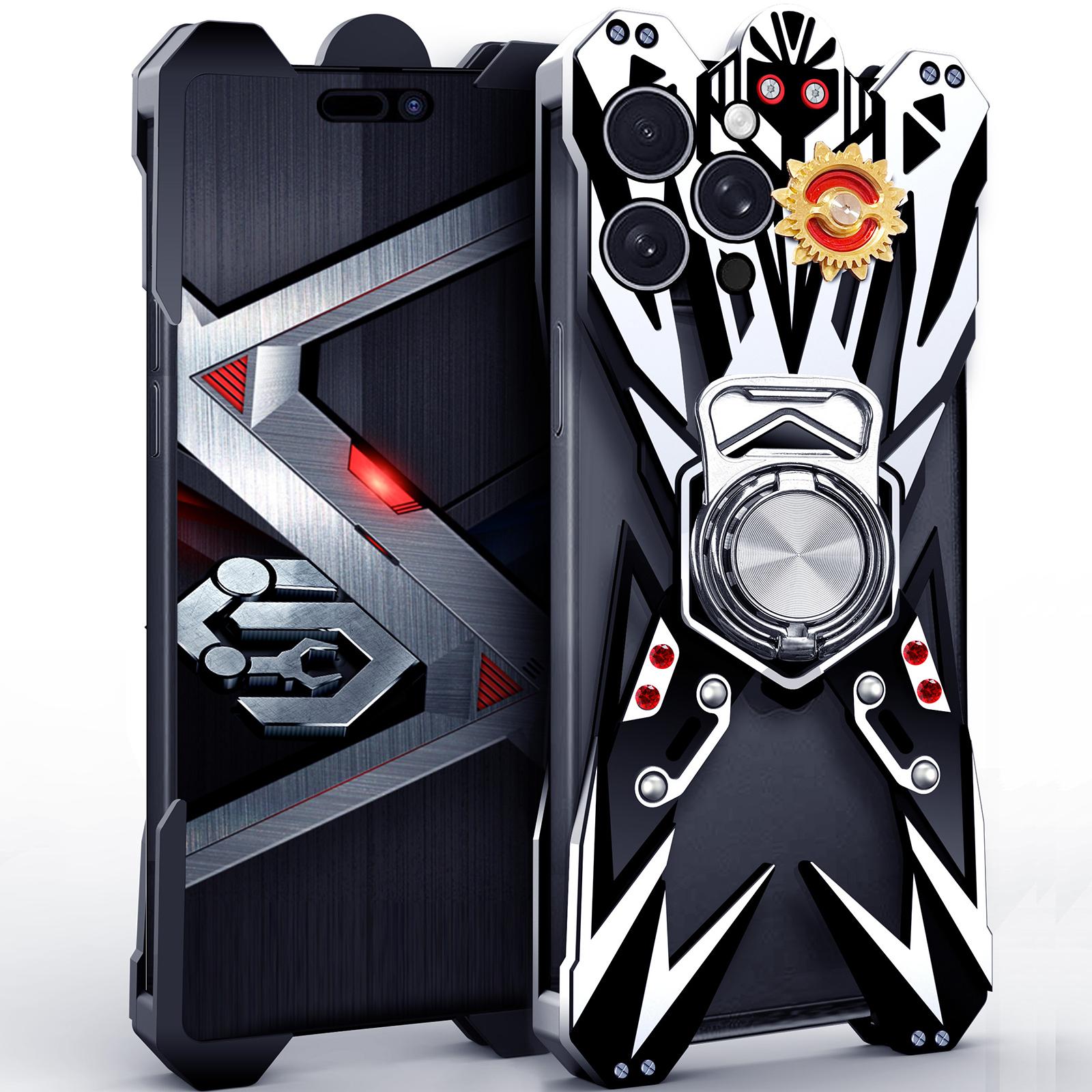 For iPhone 16 Pro Max Mecha Design Aluminum Alloy Hollow Phone Case with Rotating Holder(Silver Black) - Shopkiz.com
