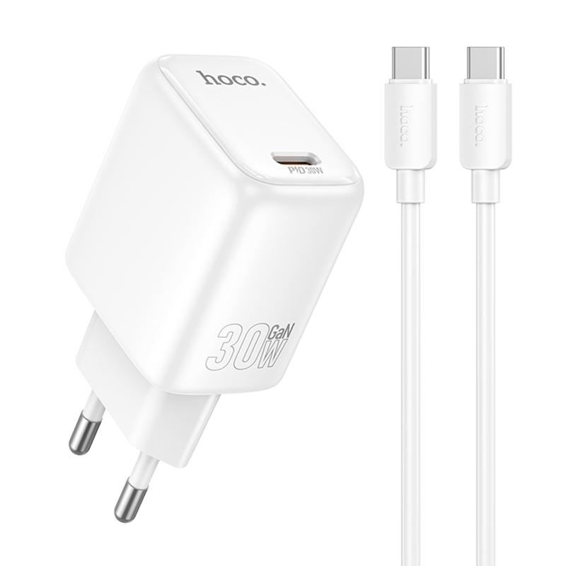 hoco N87 Seguro Single Port PD 30W Charger Set with 1m USB-C/Type-C to USB-C/Type-C Cable, Plug:EU Plug(White) - Shopkiz.com
