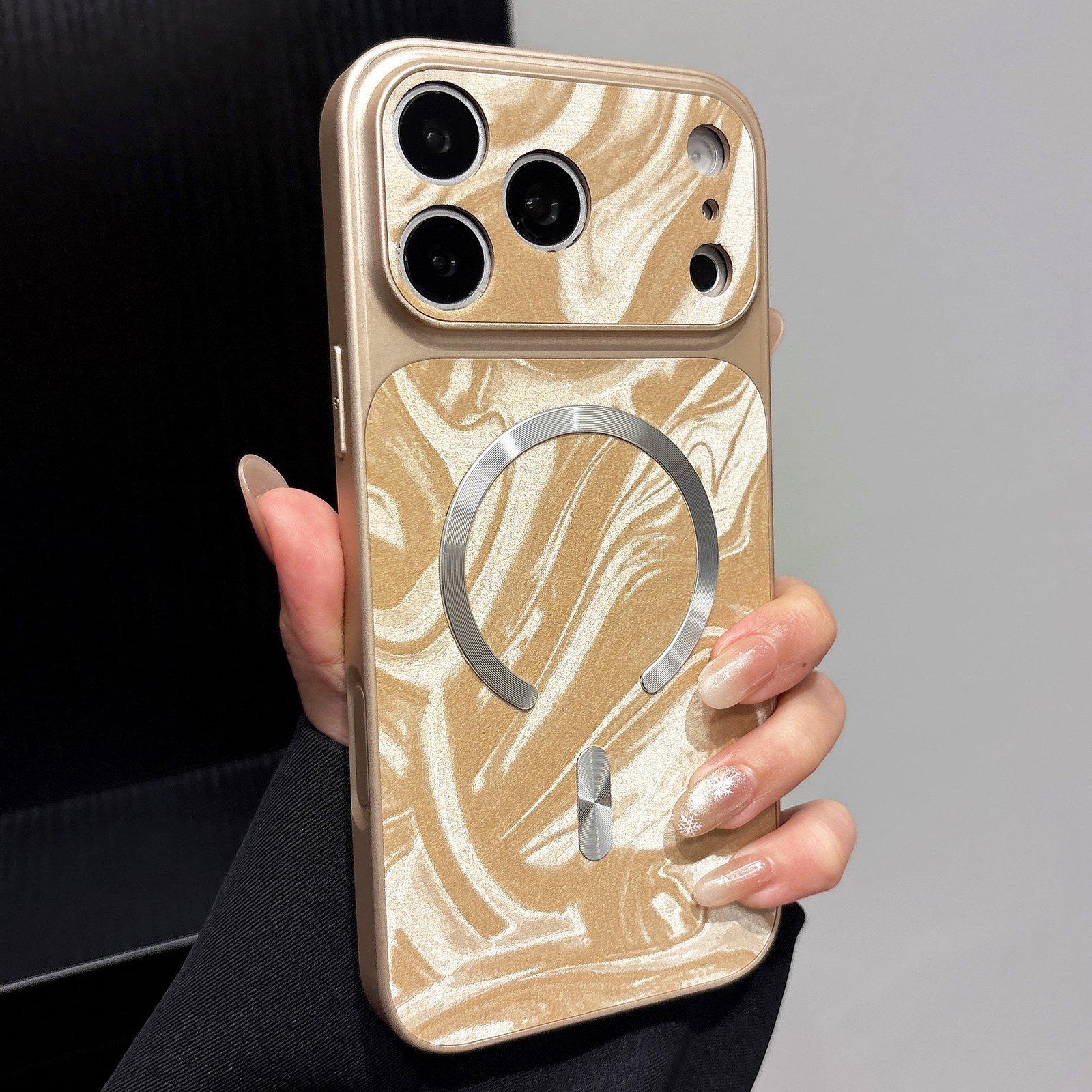 For iPhone 17 Pro Water Ripple PC Magnetic Vegan Leather Phone Case(Gold) - Shopkiz.com