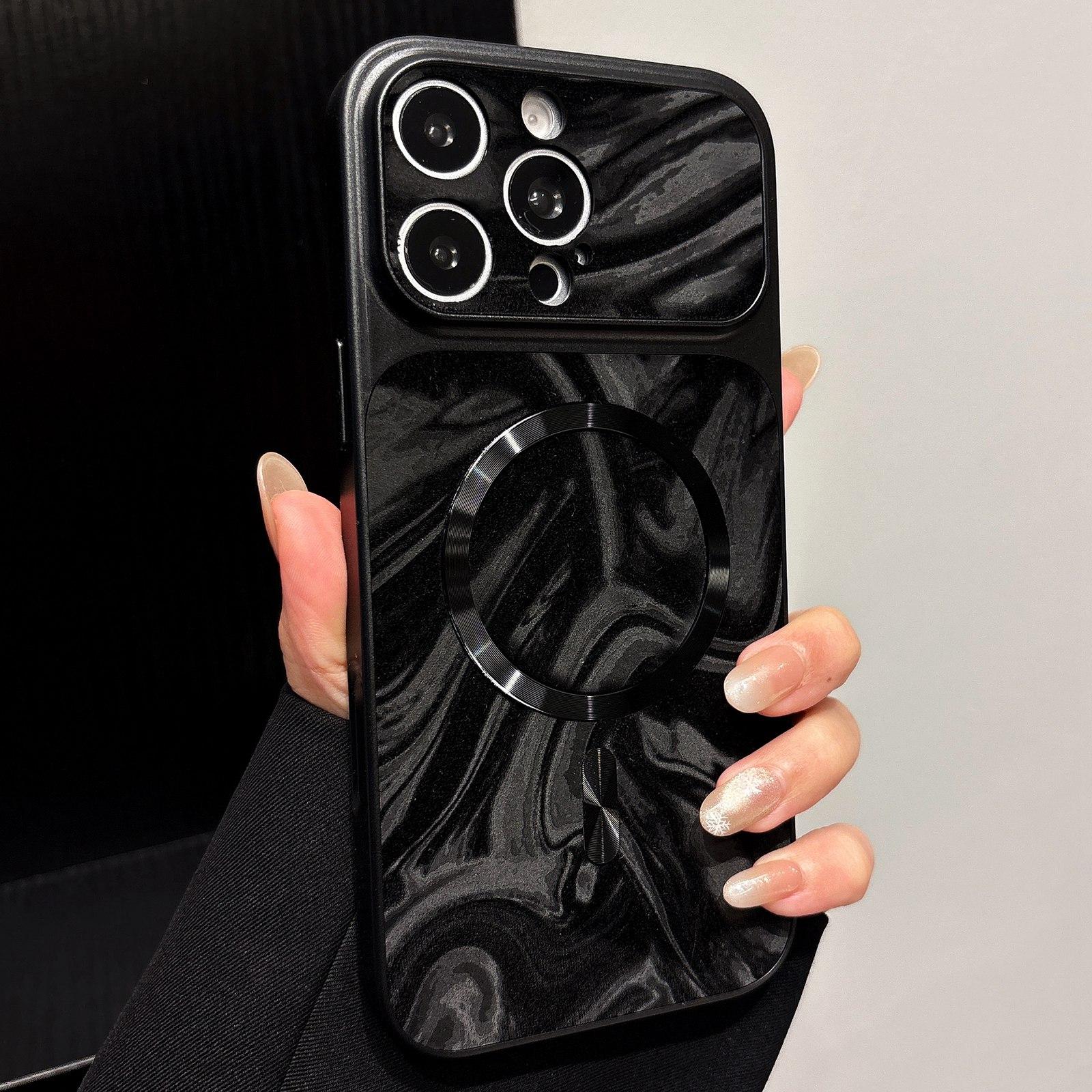 For iPhone 16 Pro Water Ripple PC Magnetic Vegan Leather Phone Case(Black) - Shopkiz.com