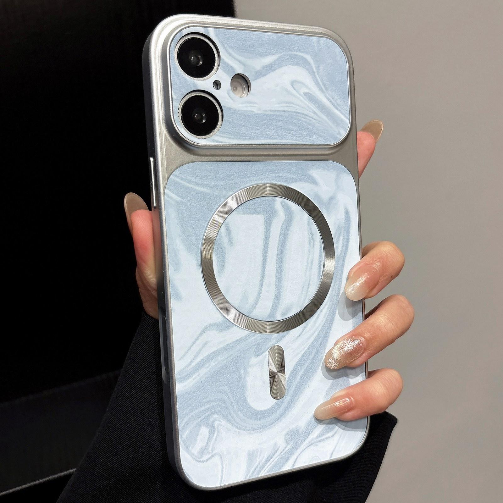 For iPhone 16 Water Ripple PC Magnetic Vegan Leather Phone Case(Blue) - Shopkiz.com
