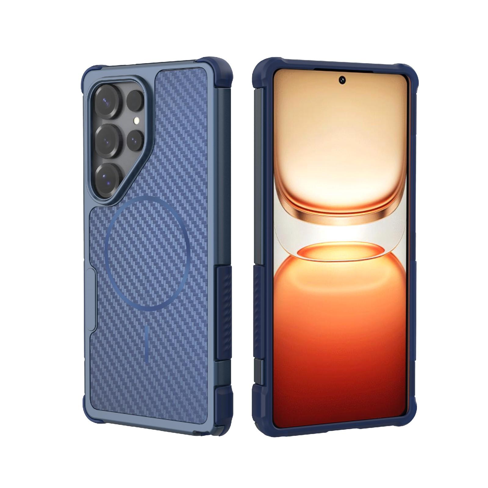 For Galaxy S25 Ultra 5G Rugged Carbon Fiber Texture Airbag Shockproof Magnetic Phone Case(Blue) - Shopkiz.com