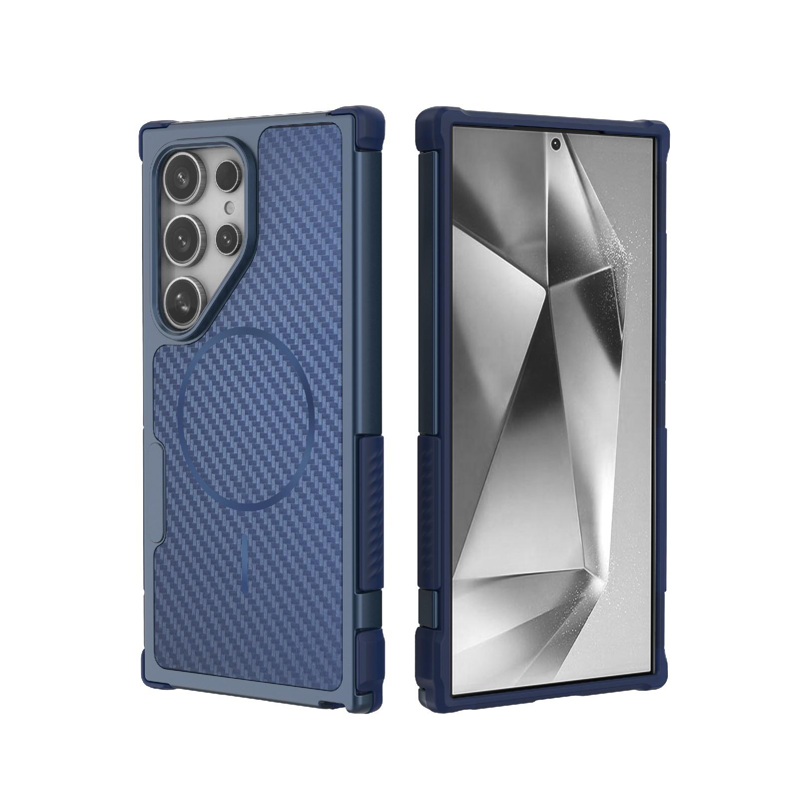 For Galaxy S24 Ultra 5G Rugged Carbon Fiber Texture Airbag Shockproof Magnetic Phone Case(Blue) - Shopkiz.com
