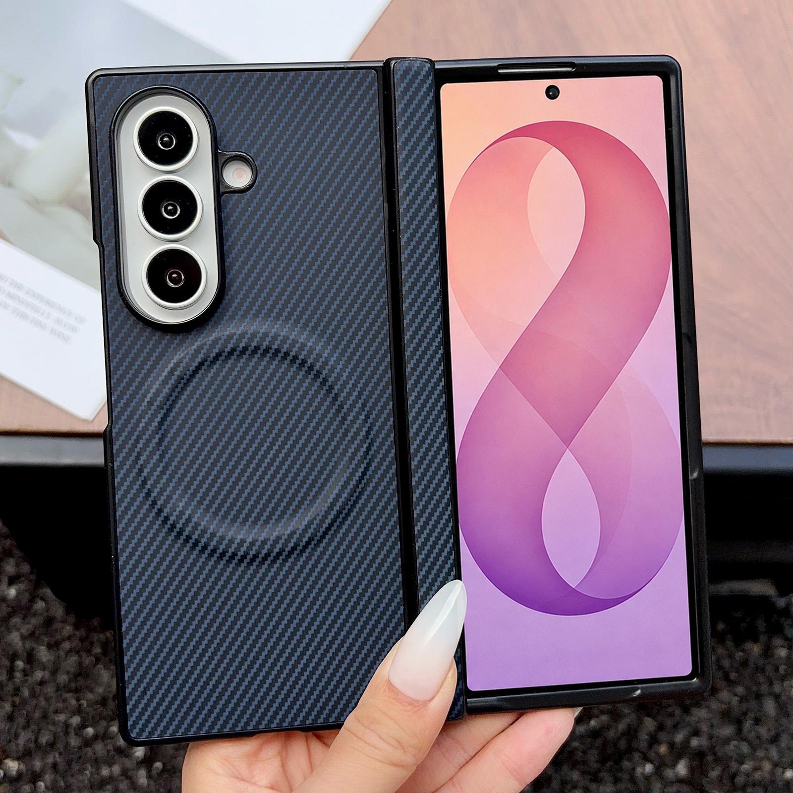 For Galaxy Fold8 Ultra 5G Folding Shaft Magsafe Carbon Fiber Texture Leather Phone Case(Blue) - Shopkiz.com