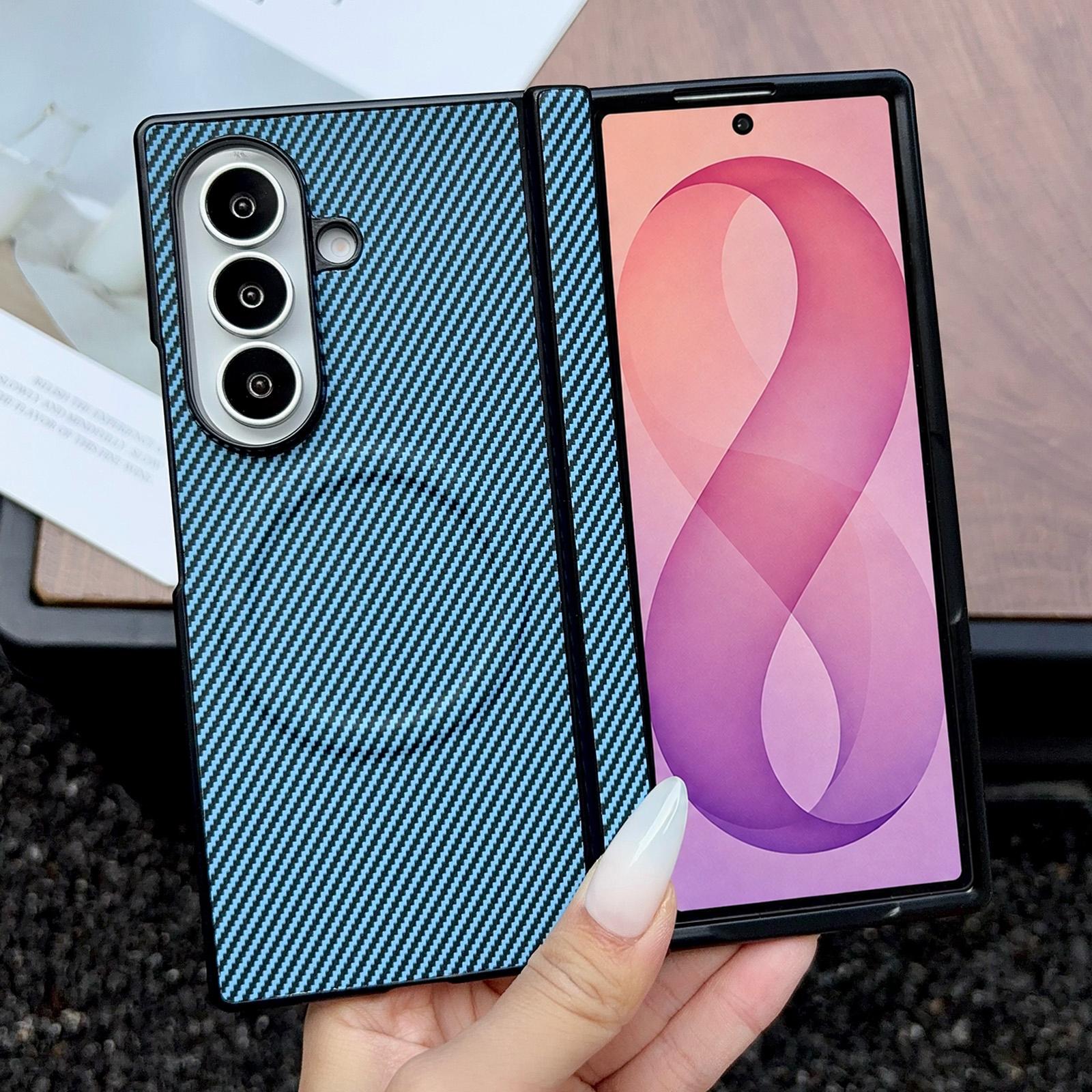 For Galaxy Fold8 Ultra 5G Folding Shaft Magsafe Carbon Fiber Texture Leather Phone Case(Dark Blue) - Shopkiz.com