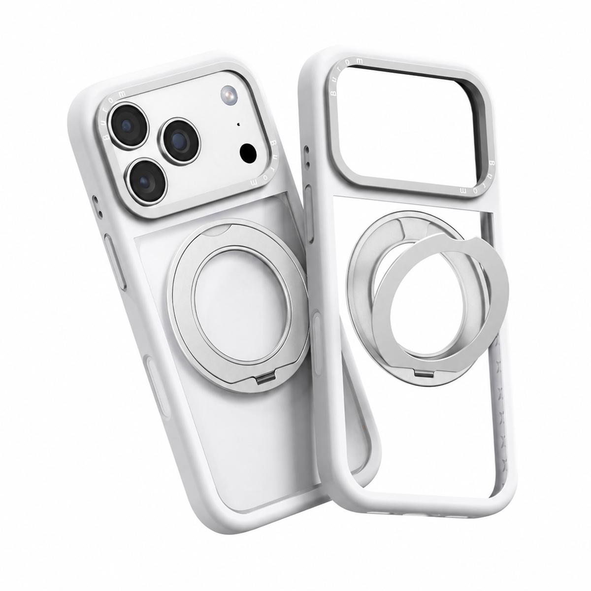 For iPhone 18 Pro Liquid Silicone Frame Hybrid Clear Back Panel Rotatable Magnetic Holder Phone Case(White) - Shopkiz.com