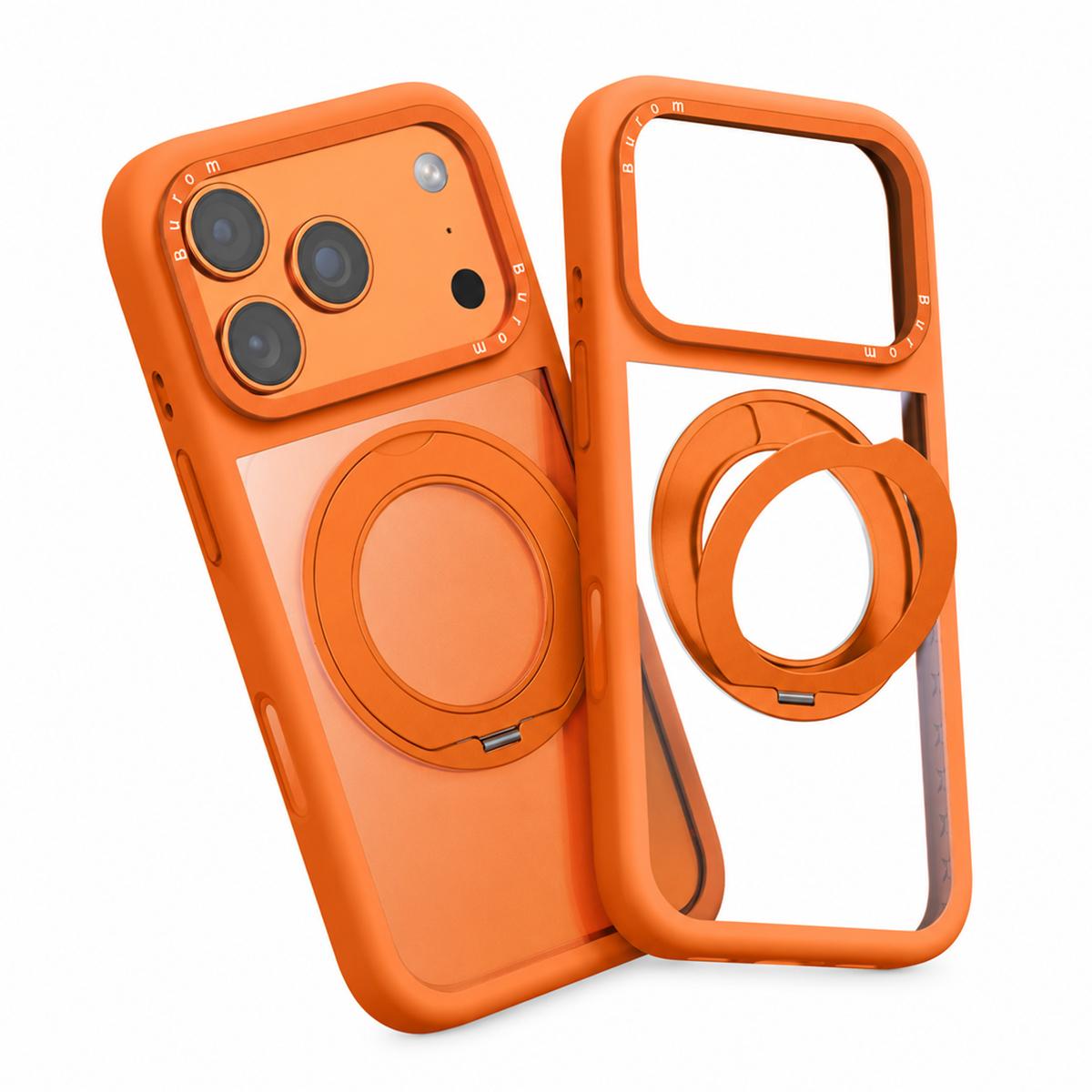 For iPhone 18 Pro Liquid Silicone Frame Hybrid Clear Back Panel Rotatable Magnetic Holder Phone Case(Orange) - Shopkiz.com