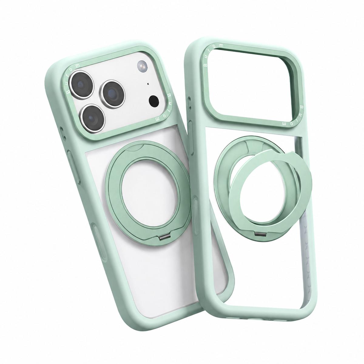 For iPhone 17 Pro Max Liquid Silicone Frame Hybrid Clear Back Panel Rotatable Magnetic Holder Phone Case(Green) - Shopkiz.com