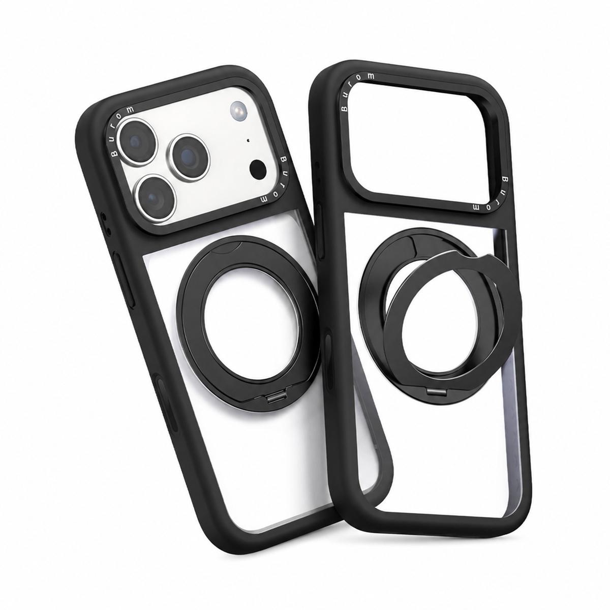 For iPhone 17 Pro Liquid Silicone Frame Hybrid Clear Back Panel Rotatable Magnetic Holder Phone Case(Black) - Shopkiz.com