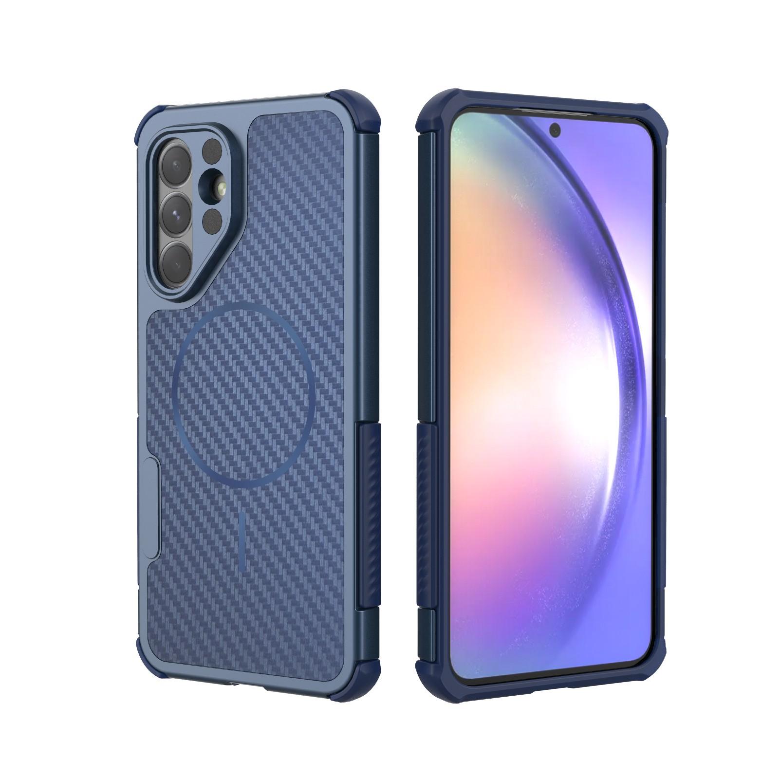 For Galaxy A56 5G Rugged Carbon Fiber Texture Airbag Shockproof Magnetic Phone Case(Blue) - Shopkiz.com