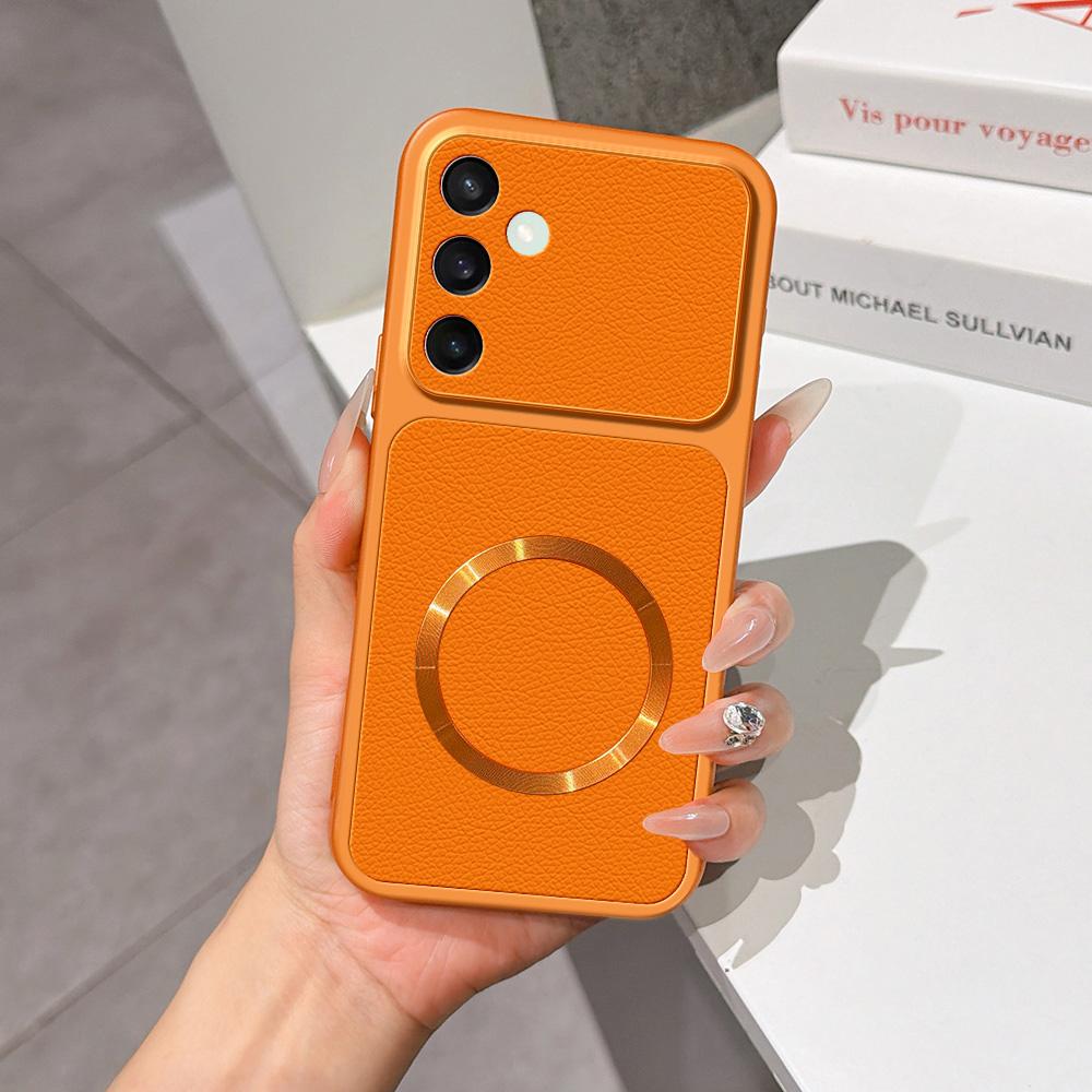 For Galaxy S24 FE 5G Lambskin Series Magnetic Skin Feel Phone Case(Orange) - Shopkiz.com