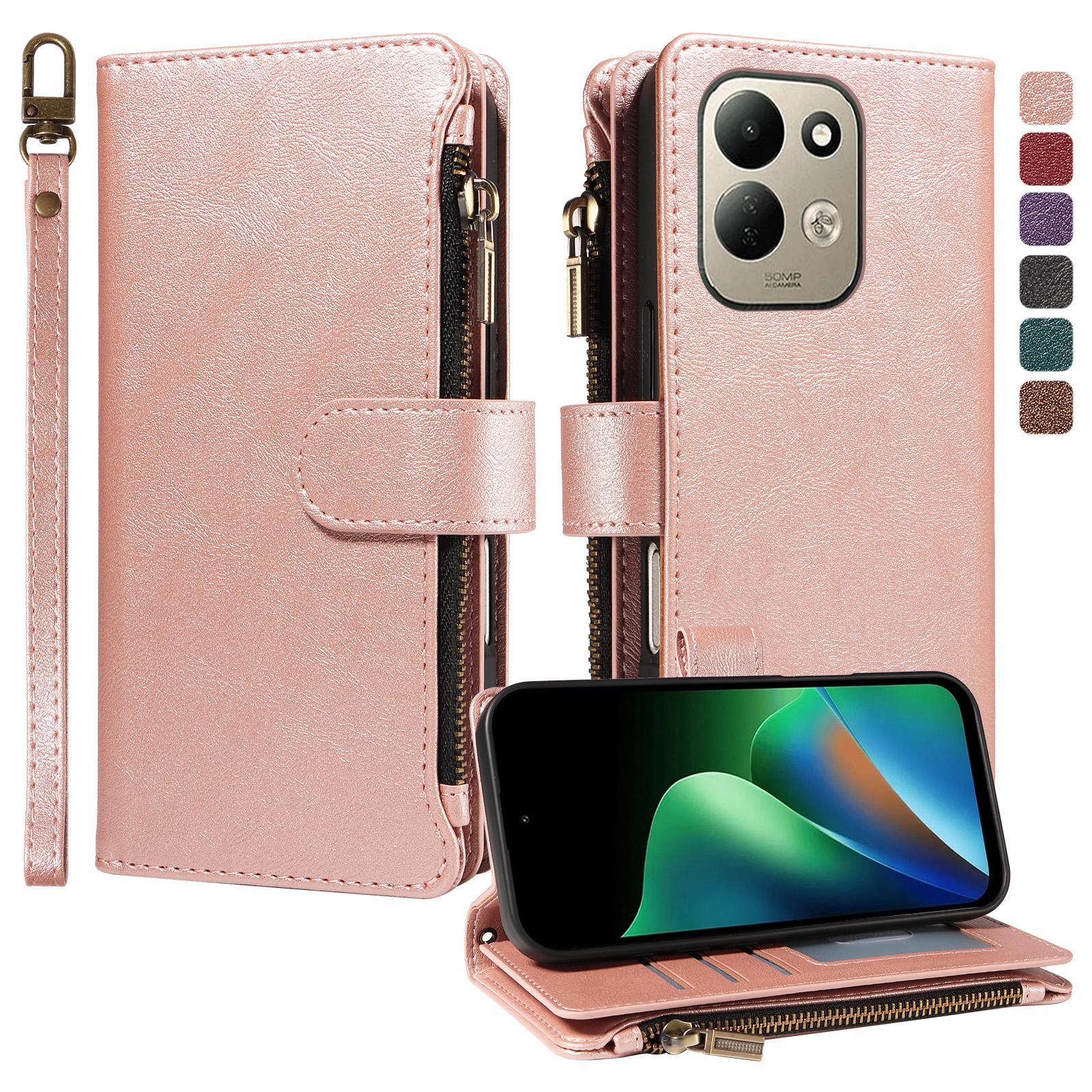 For Redmi 17 5G / 4G Global 170mm Imitation Calf Vegan Leather 9 Card Slots Zipper Phone Case with Wrist Strap(Rose Gold) - Shopkiz.com
