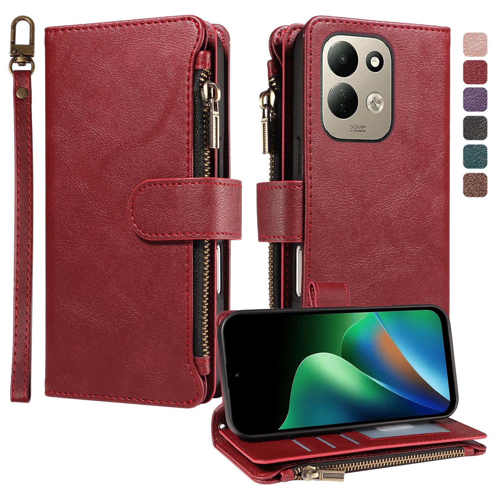 For Redmi 17 5G / 4G Global 170mm Imitation Calf Vegan Leather 9 Card Slots Zipper Phone Case with Wrist Strap(Red) - Shopkiz.com