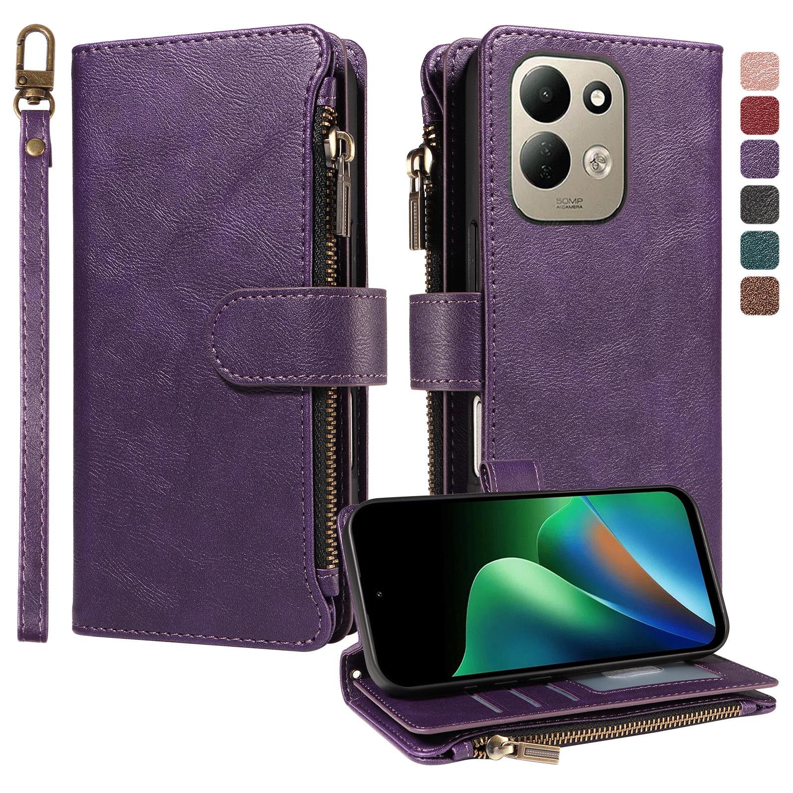 For Redmi 17 5G / 4G Global 170mm Imitation Calf Vegan Leather 9 Card Slots Zipper Phone Case with Wrist Strap(Purple) - Shopkiz.com