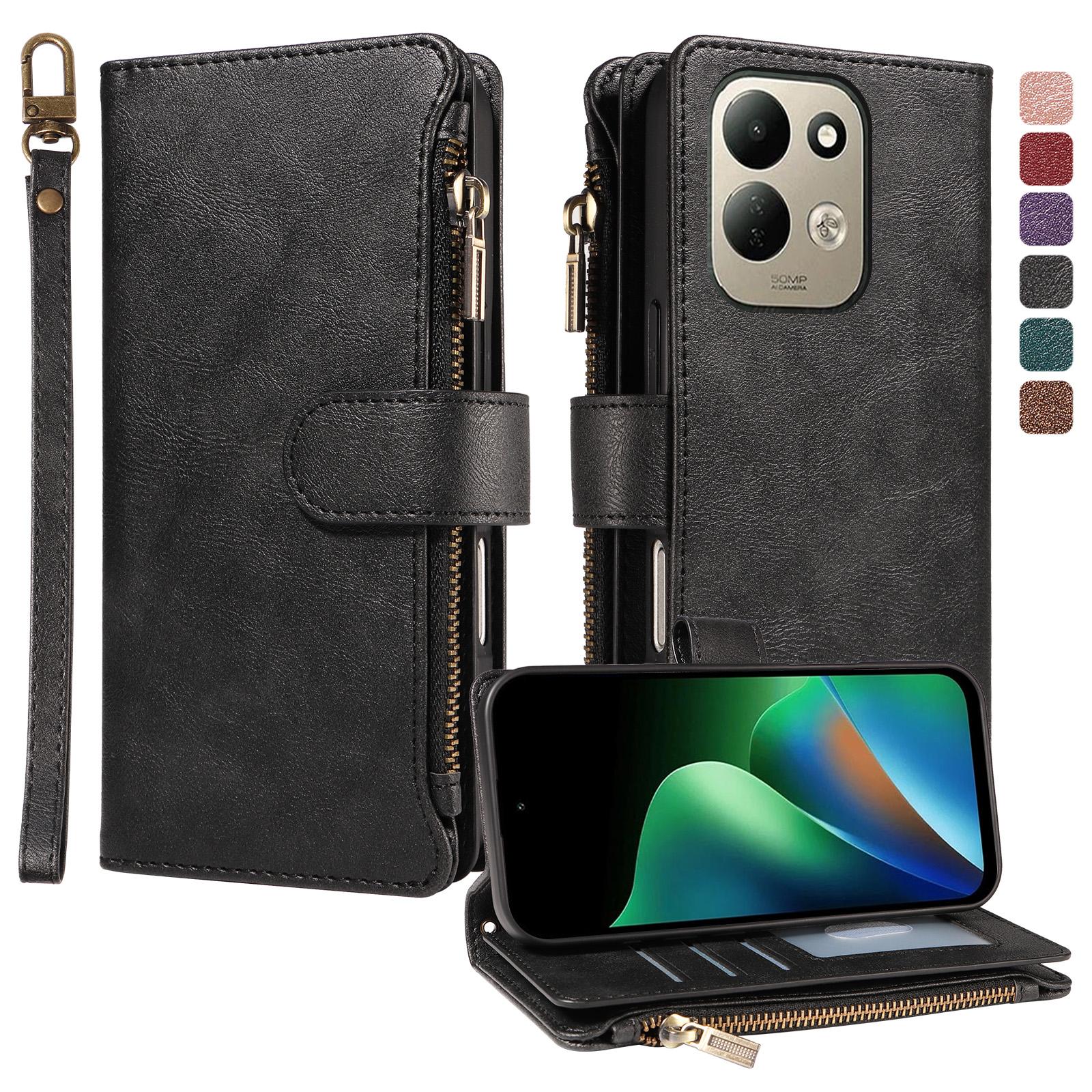 For Redmi 17 5G / 4G Global 170mm Imitation Calf Vegan Leather 9 Card Slots Zipper Phone Case with Wrist Strap(Black) - Shopkiz.com