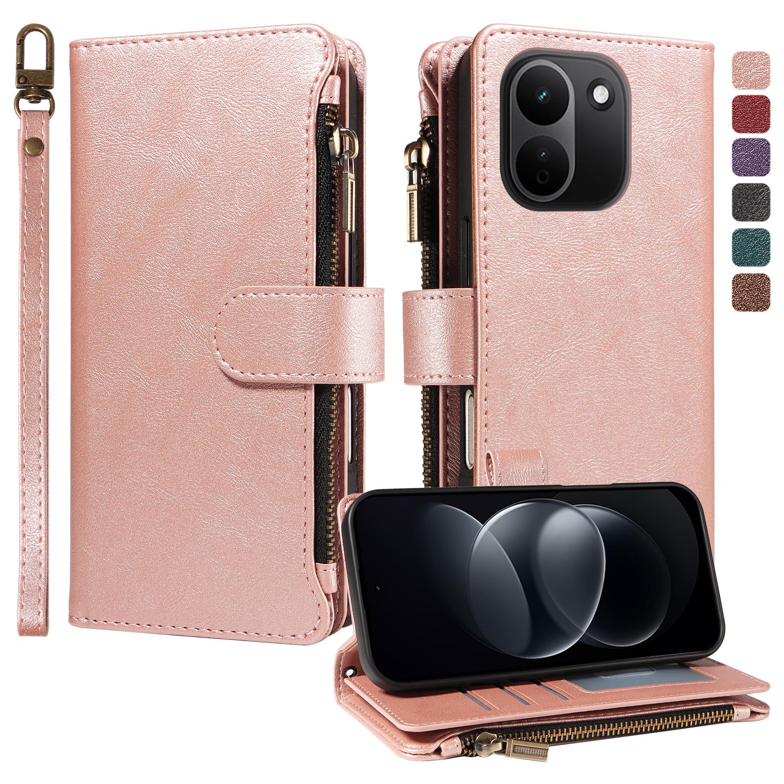 For Redmi Note 17 Pro+ 5G Global 163mm Imitation Calf Vegan Leather 9 Card Slots Zipper Phone Case with Wrist Strap(Rose Gold) - Shopkiz.com