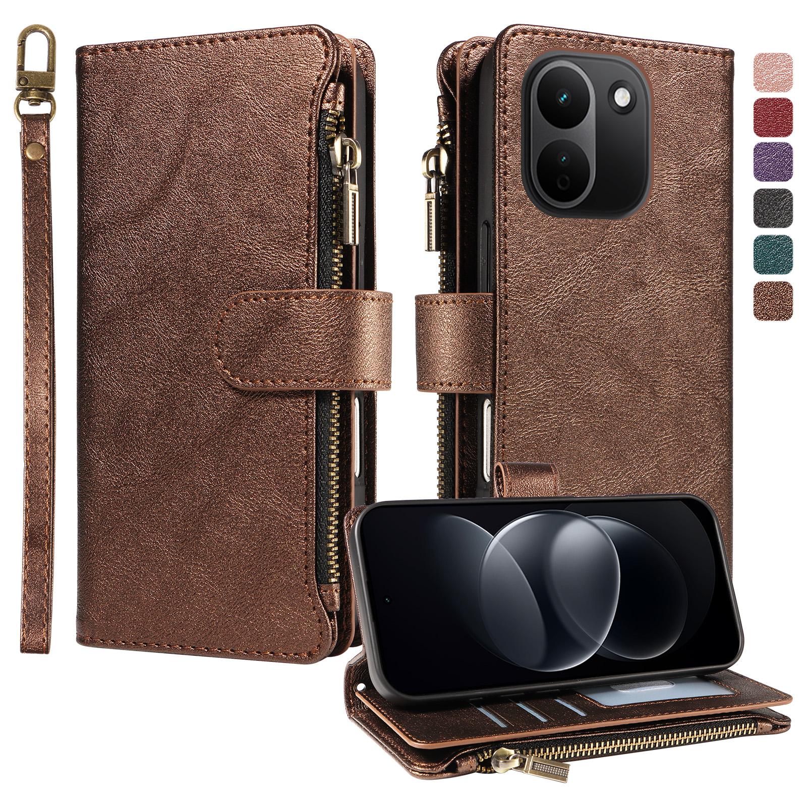 For Redmi Note 17 Pro+ 5G Global 163mm Imitation Calf Vegan Leather 9 Card Slots Zipper Phone Case with Wrist Strap(Bronze) - Shopkiz.com