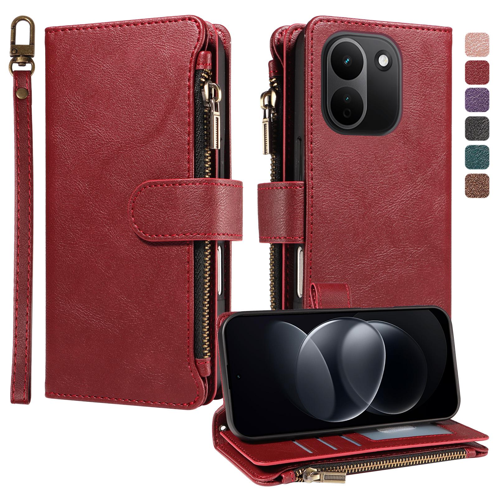 For Redmi Note 17 Pro+ 5G Global 163mm Imitation Calf Vegan Leather 9 Card Slots Zipper Phone Case with Wrist Strap(Red) - Shopkiz.com