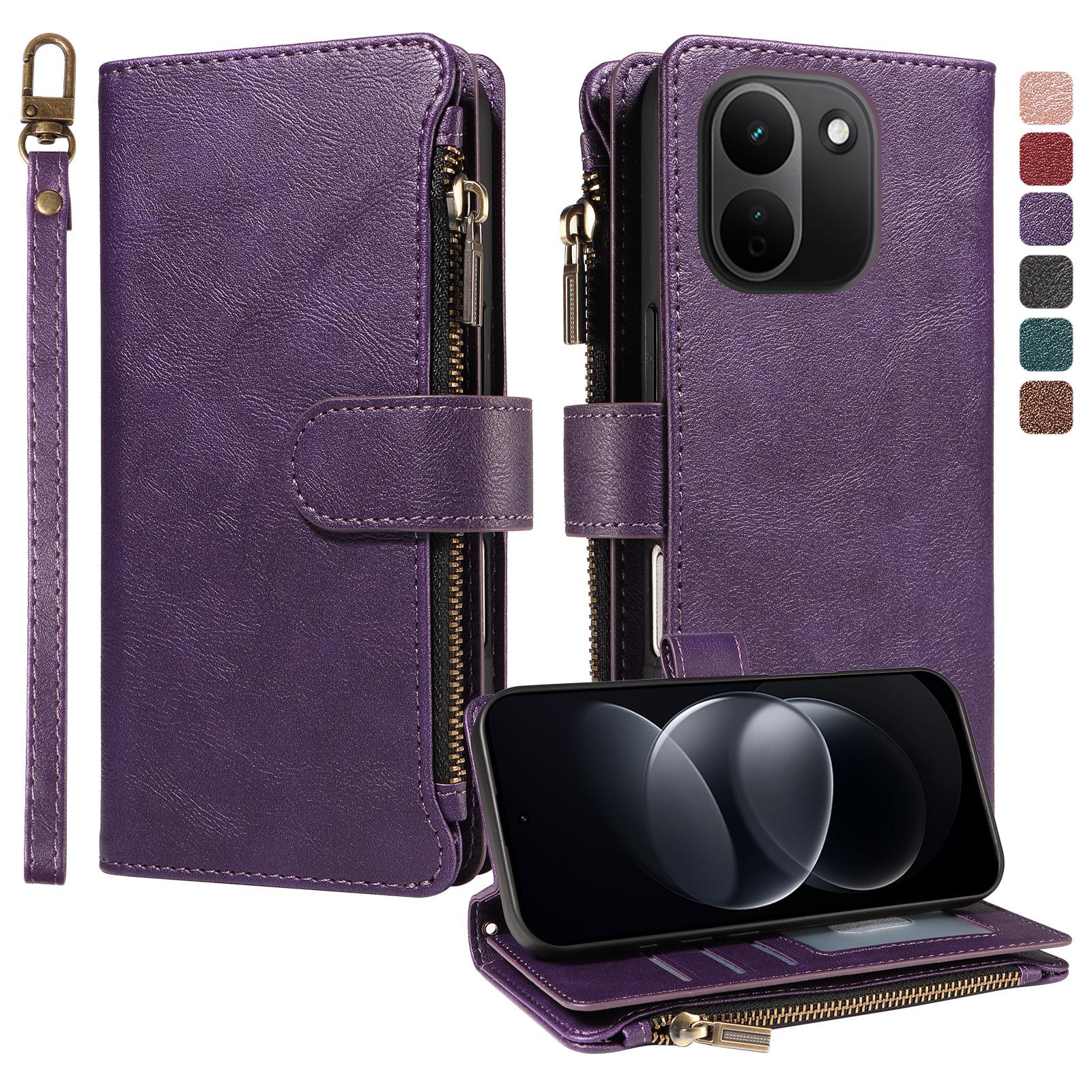 For Redmi Note 17 Pro+ 5G Global 163mm Imitation Calf Vegan Leather 9 Card Slots Zipper Phone Case with Wrist Strap(Purple) - Shopkiz.com