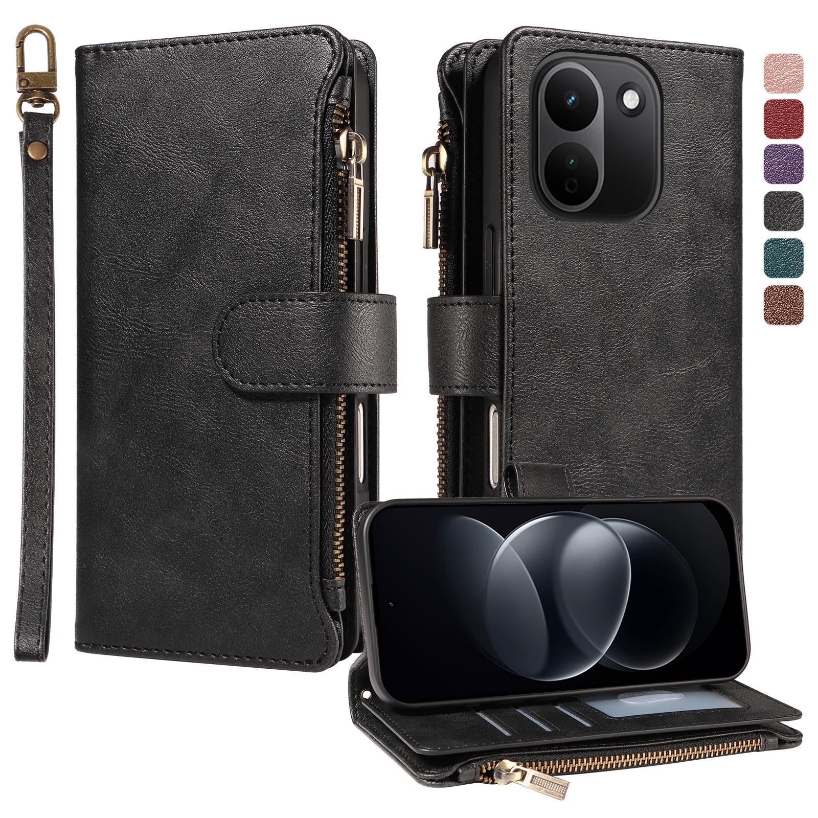 For Redmi Note 17 Pro+ 5G Global 163mm Imitation Calf Vegan Leather 9 Card Slots Zipper Phone Case with Wrist Strap(Black) - Shopkiz.com