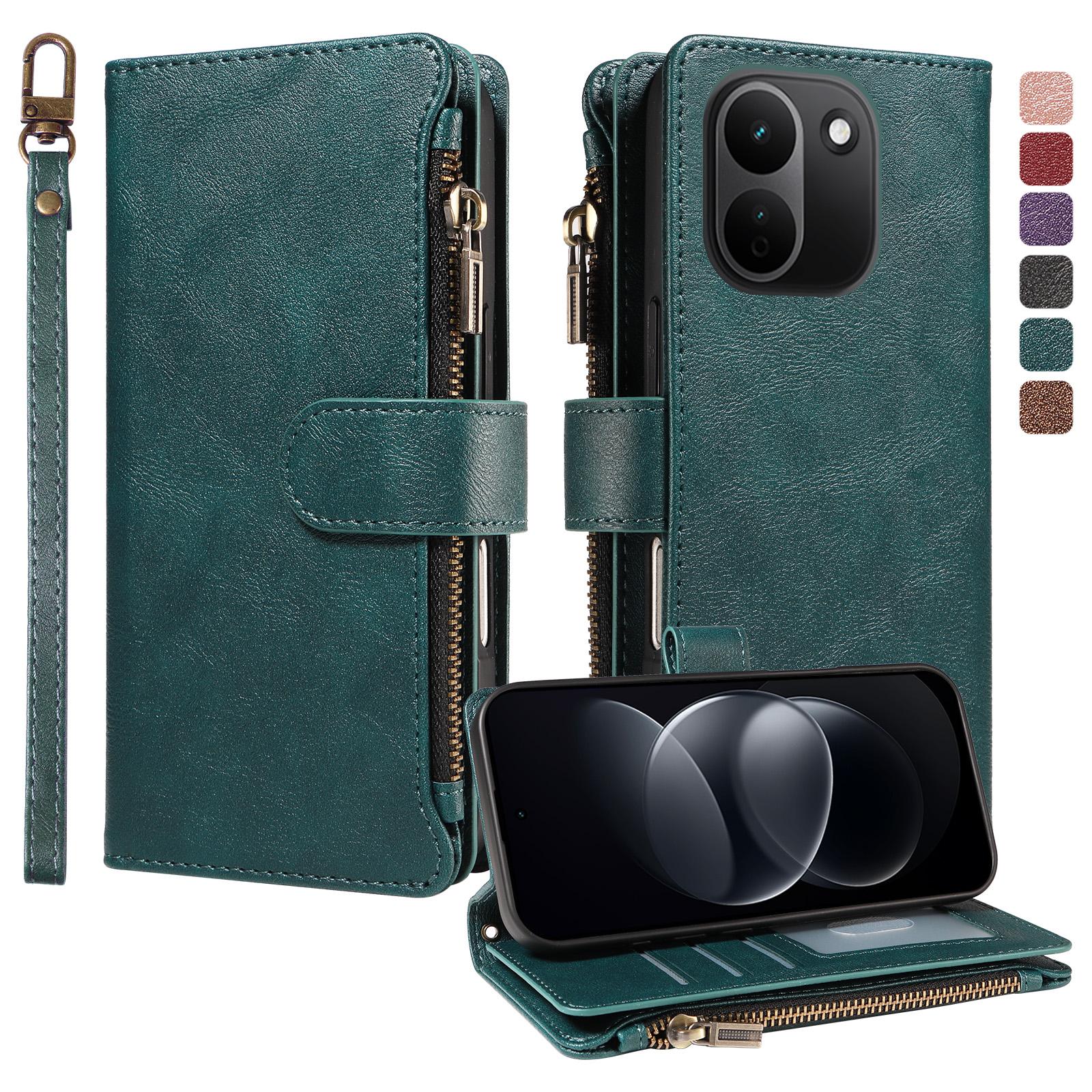 For Redmi Note 17 Pro+ 5G Global 163mm Imitation Calf Vegan Leather 9 Card Slots Zipper Phone Case with Wrist Strap(Green) - Shopkiz.com