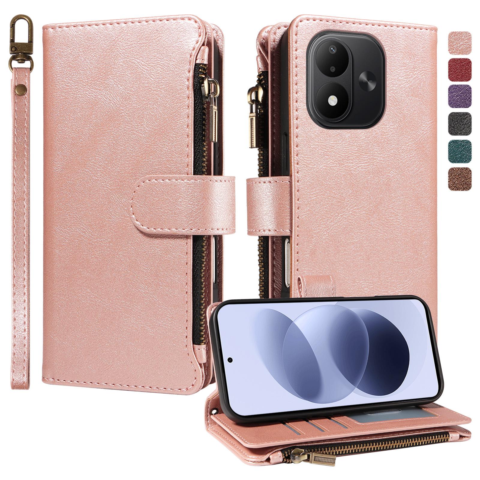 For Redmi Note 17 5G/4G Global 171mm Imitation Calf Vegan Leather 9 Card Slots Zipper Phone Case with Wrist Strap(Rose Gold) - Shopkiz.com