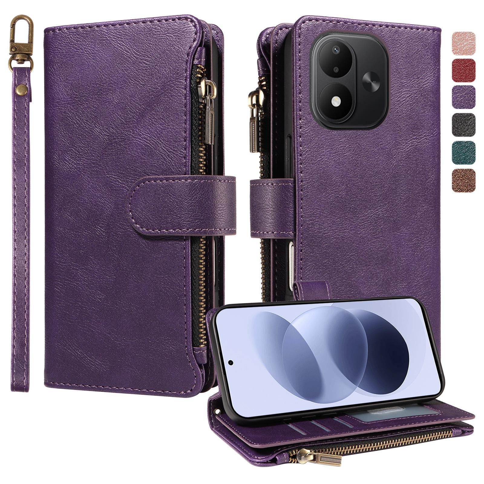 For Redmi Note 17 5G/4G Global 171mm Imitation Calf Vegan Leather 9 Card Slots Zipper Phone Case with Wrist Strap(Purple) - Shopkiz.com