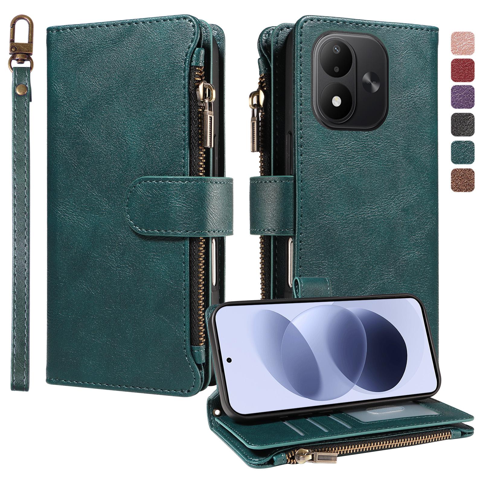 For Redmi Note 17 5G/4G Global 171mm Imitation Calf Vegan Leather 9 Card Slots Zipper Phone Case with Wrist Strap(Green) - Shopkiz.com