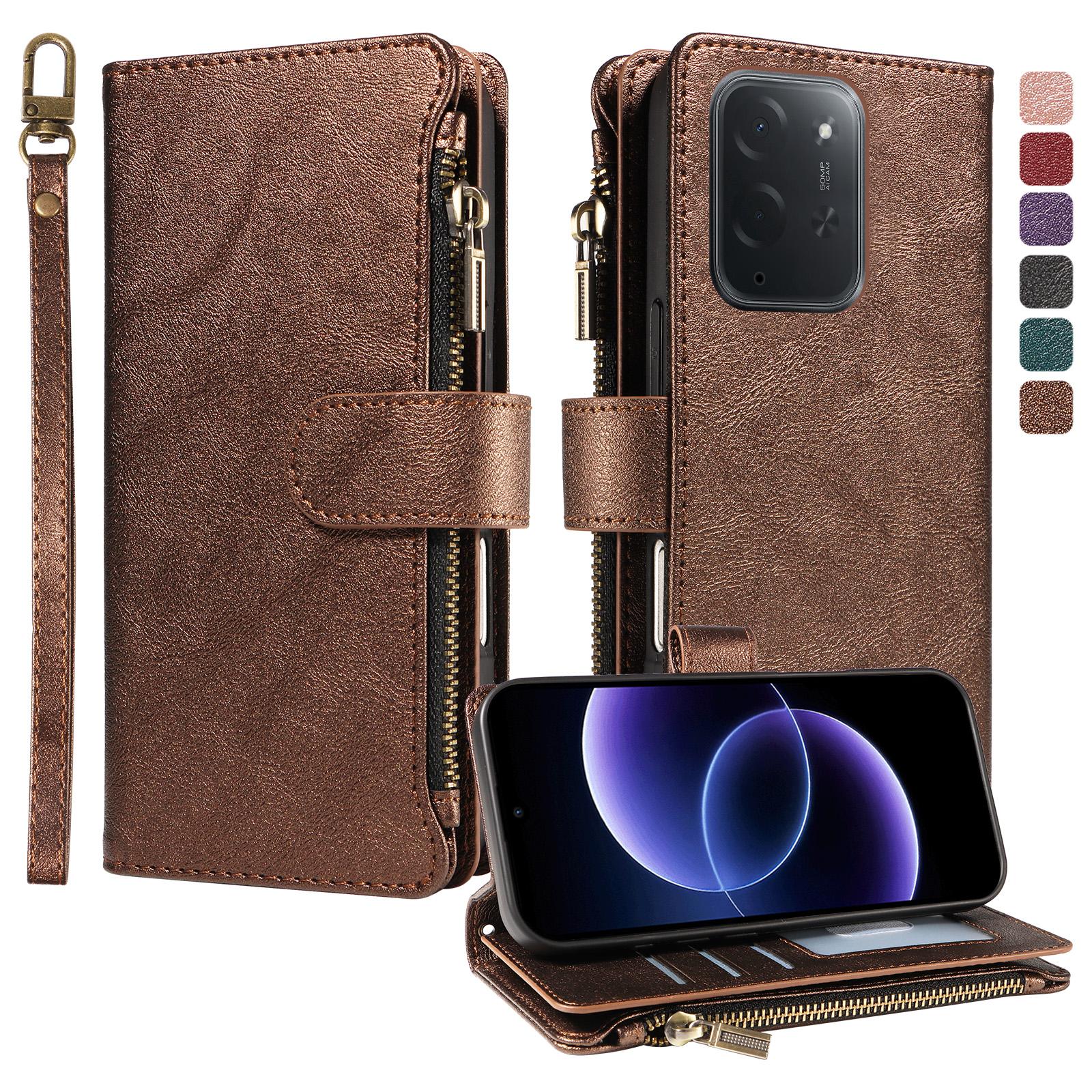 For Xiaomi Poco C95 Pro Imitation Calf Vegan Leather 9 Card Slots Zipper Phone Case with Wrist Strap(Bronze) - Shopkiz.com