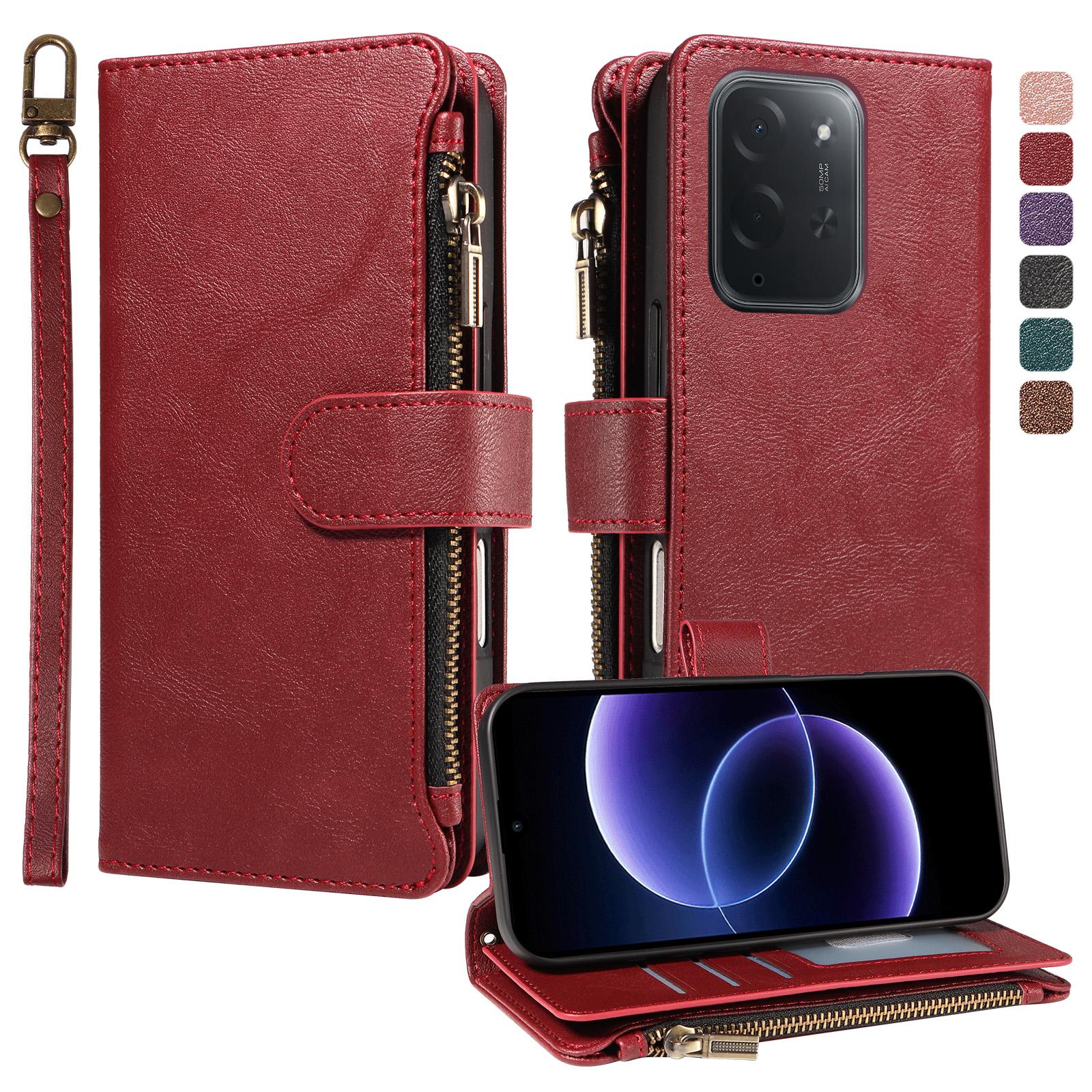 For Xiaomi Poco C95 Pro Imitation Calf Vegan Leather 9 Card Slots Zipper Phone Case with Wrist Strap(Red) - Shopkiz.com