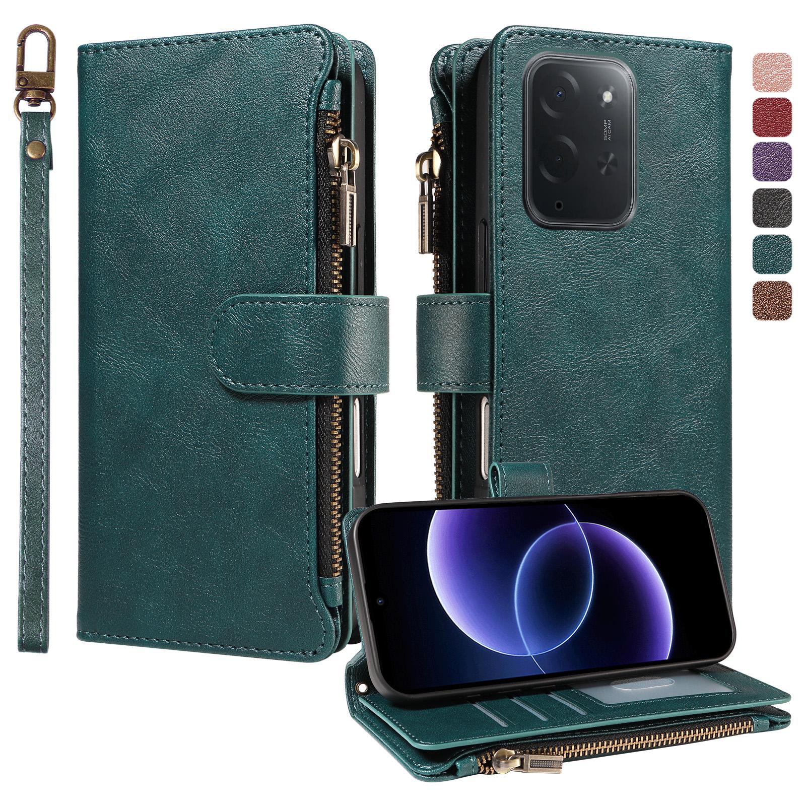 For Xiaomi Poco C95 Pro Imitation Calf Vegan Leather 9 Card Slots Zipper Phone Case with Wrist Strap(Green) - Shopkiz.com