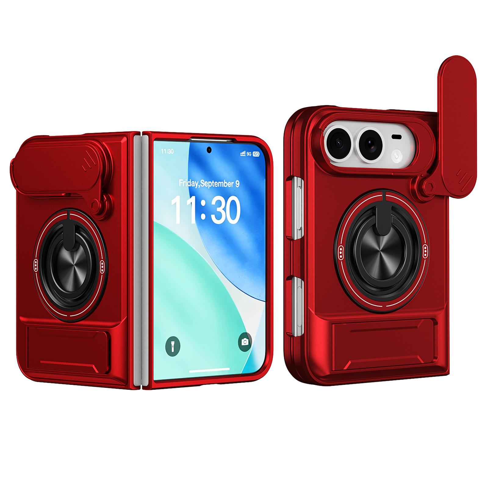 For iPhone Fold Lens Sliding Window Multifunctional Magnetic Shockproof Phone Case(Red) - Shopkiz.com