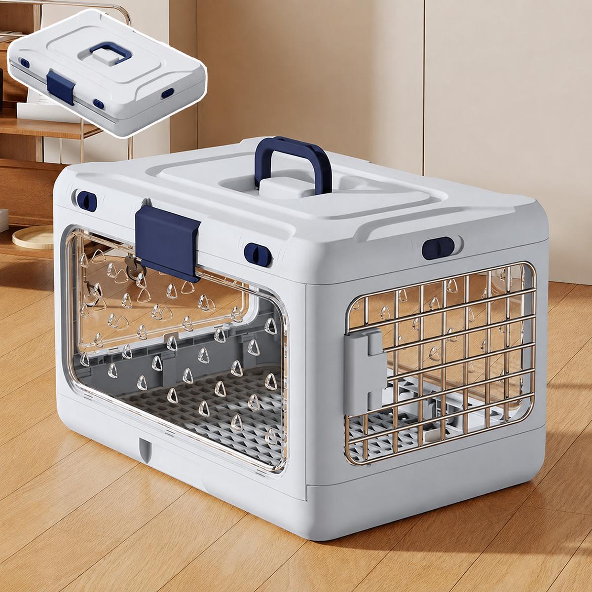 Portable Foldable Pet Carrier Crate with Ventilated Mesh(Gray White) - Shopkiz.com