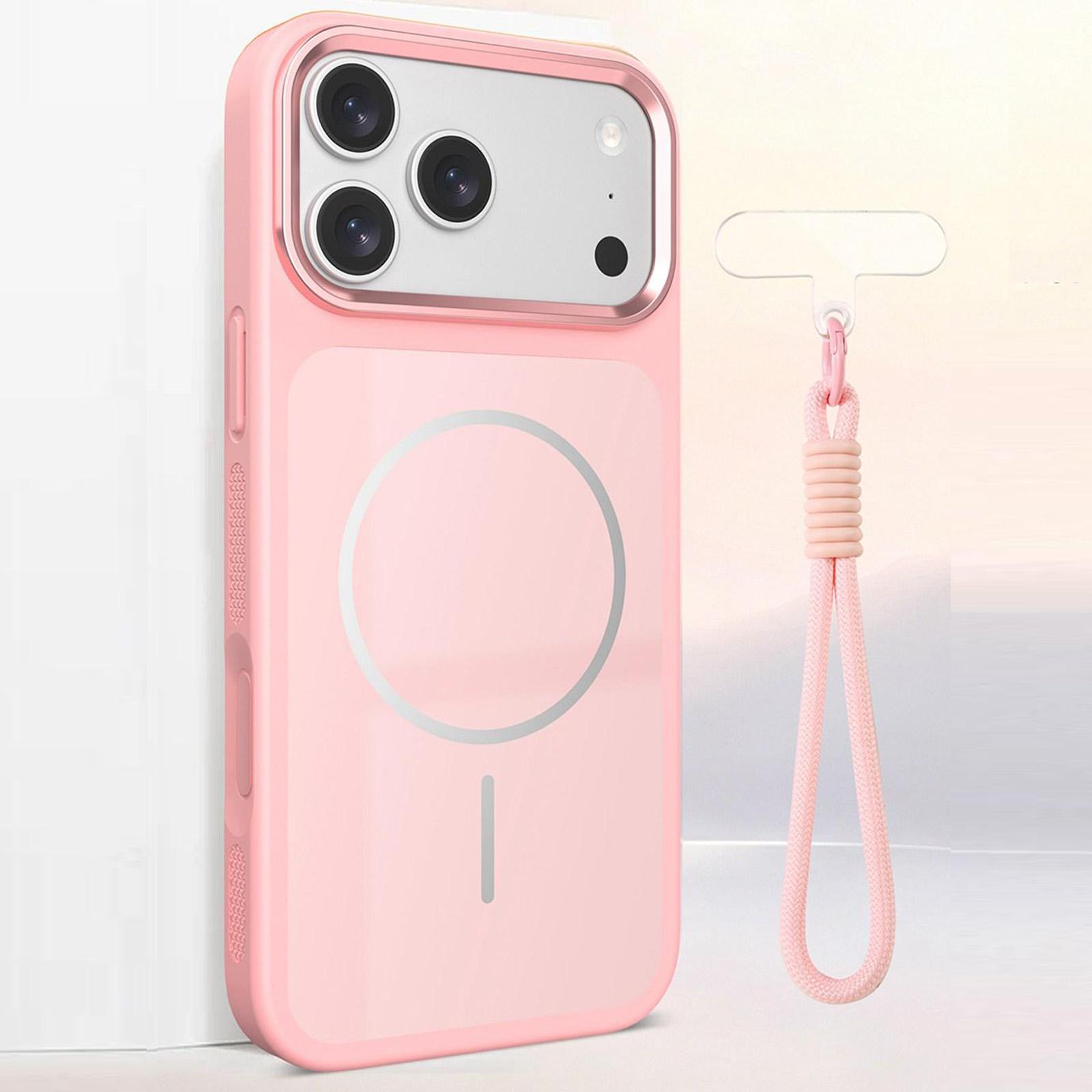 For iPhone 17 Pro Max Color Contrast Magnetic Phone Case with Wrist Strap(Pink) - Shopkiz.com