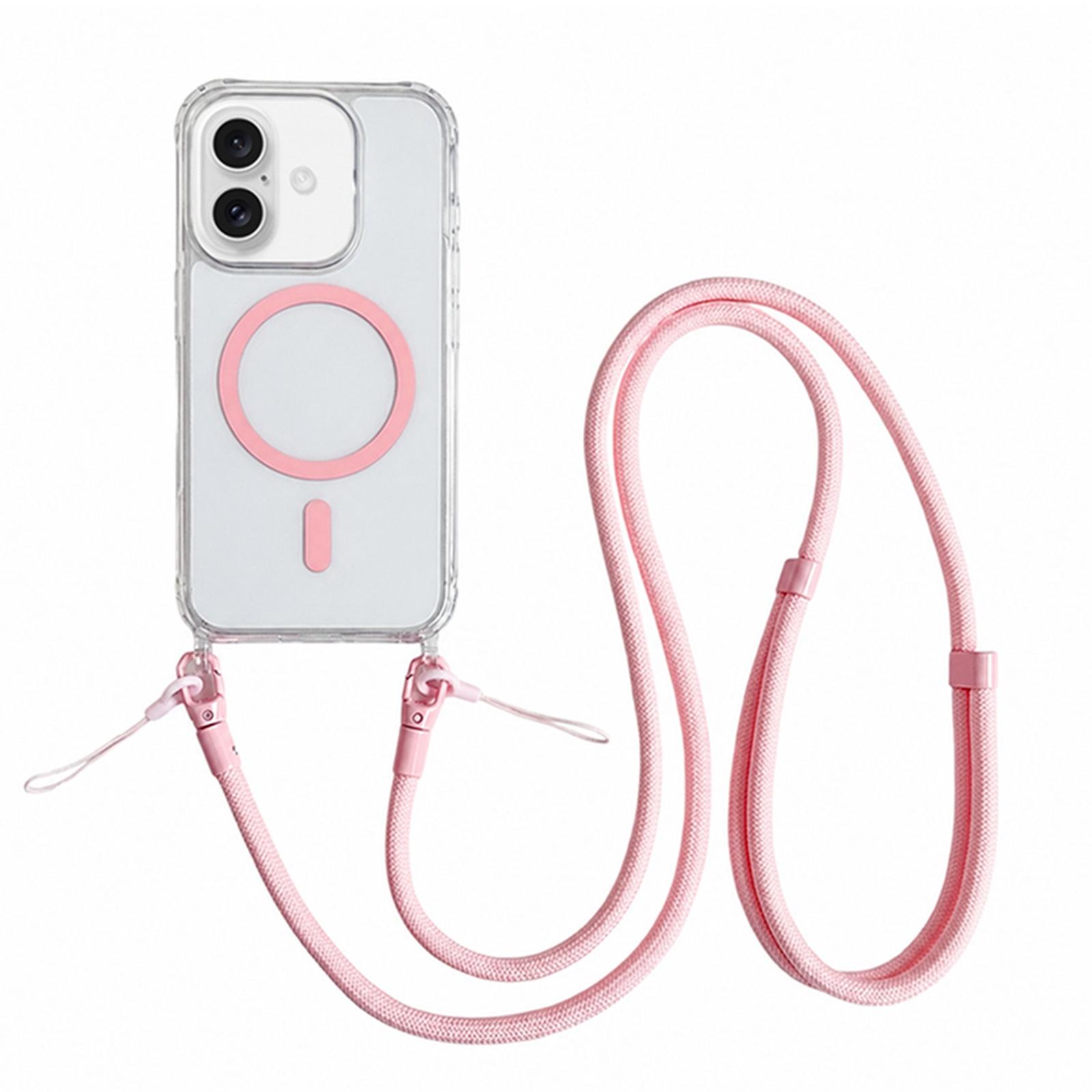 Acrylic + TPU Transparent Magnetic Phone Case with Lanyard For iPhone 16(Pink) - Shopkiz.com