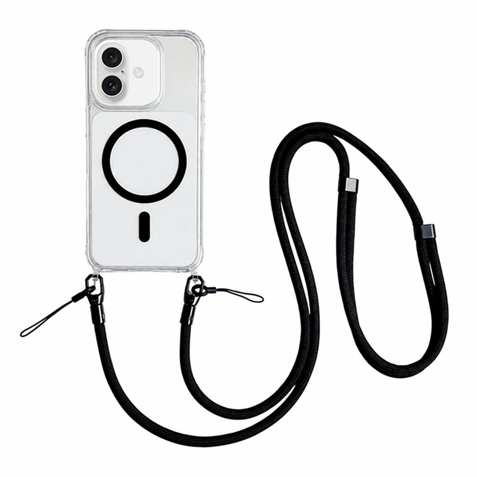 Acrylic + TPU Transparent Magnetic Phone Case with Lanyard For iPhone 16(Black) - Shopkiz.com
