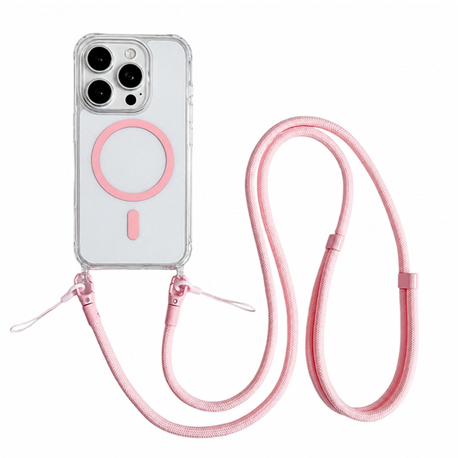 Acrylic + TPU Transparent Magnetic Phone Case with Lanyard For iPhone 15 Pro Max(Pink) - Shopkiz.com