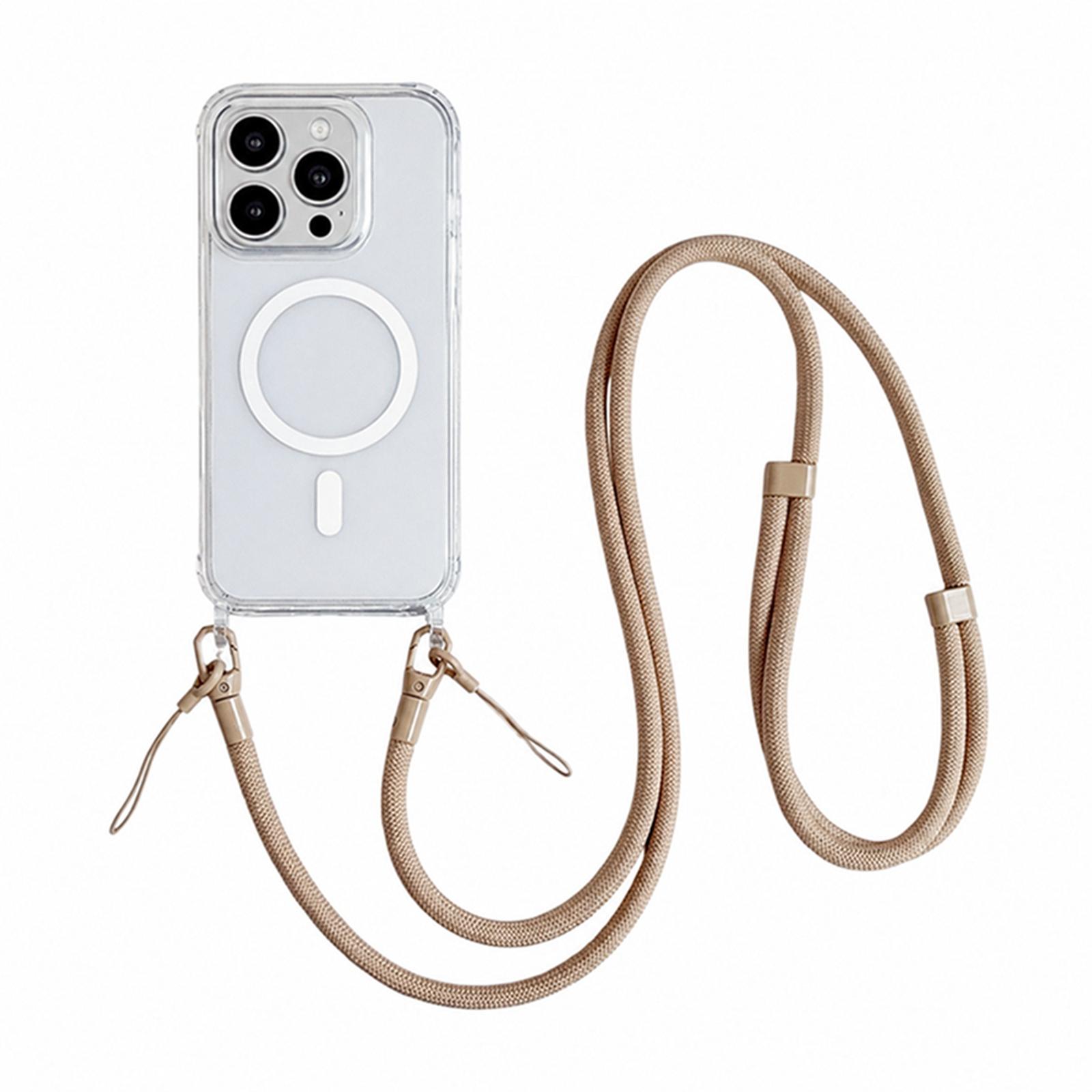 Acrylic + TPU Transparent Magnetic Phone Case with Lanyard For iPhone 15 Pro(Khaki) - Shopkiz.com