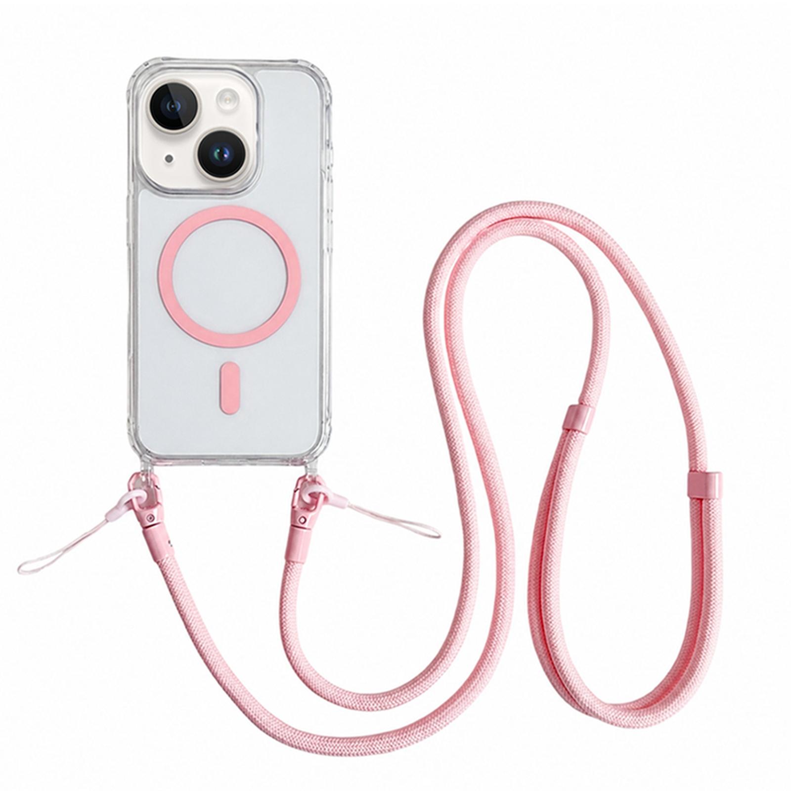 Acrylic + TPU Transparent Magnetic Phone Case with Lanyard For iPhone 15(Pink) - Shopkiz.com
