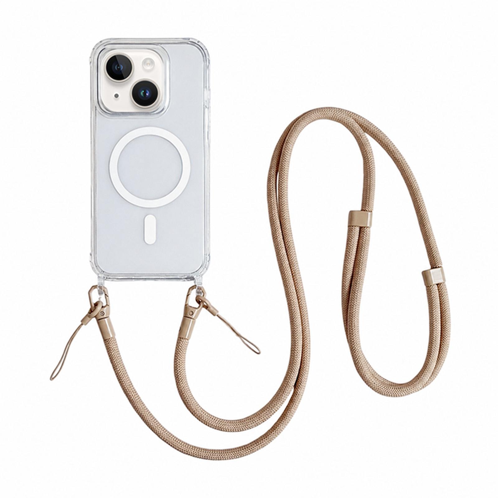 Acrylic + TPU Transparent Magnetic Phone Case with Lanyard For iPhone 15(Khaki) - Shopkiz.com