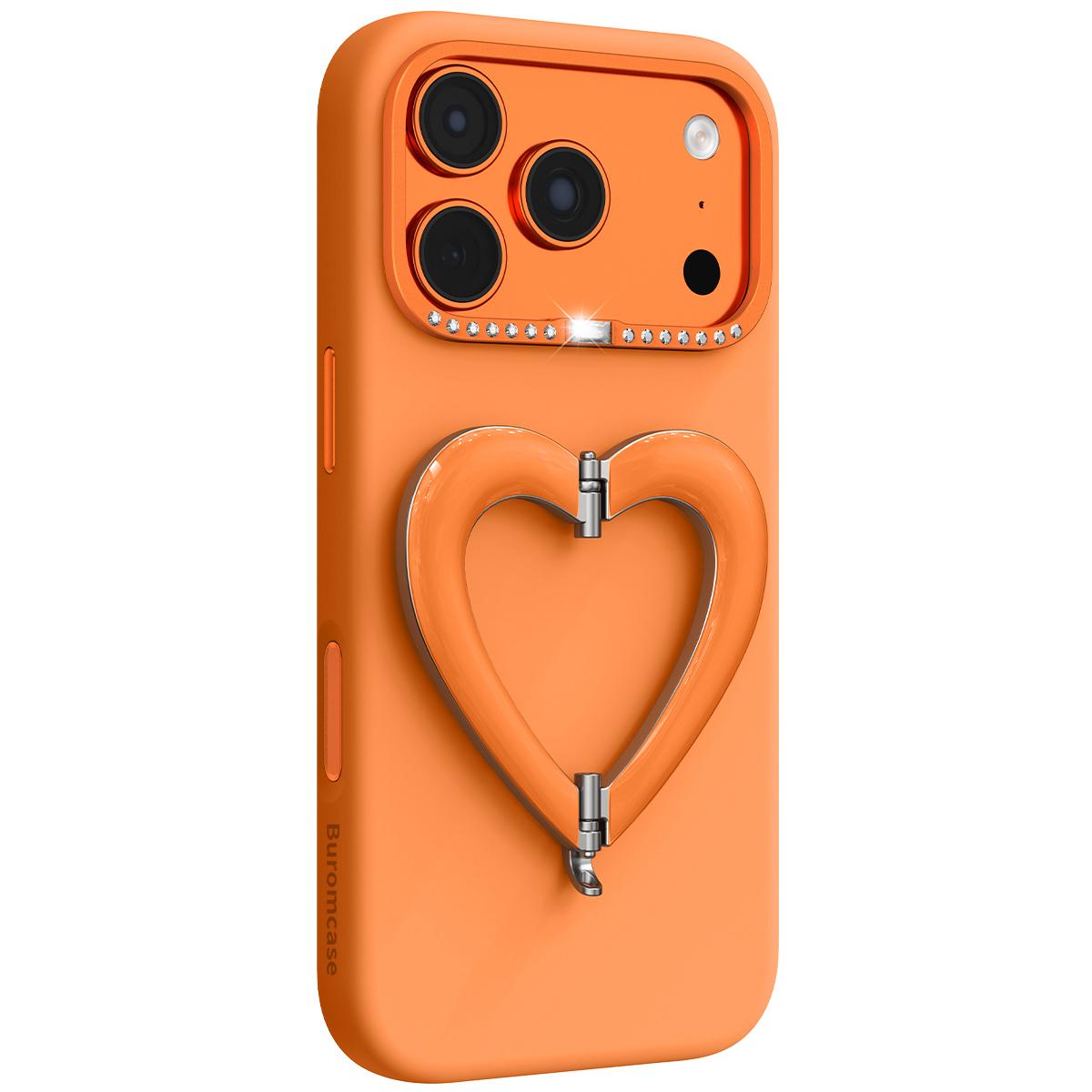 For iPhone 18 Pro Liquid Silicone Metal Heart-Shaped Kickstand Phone Case(Orange) - Shopkiz.com
