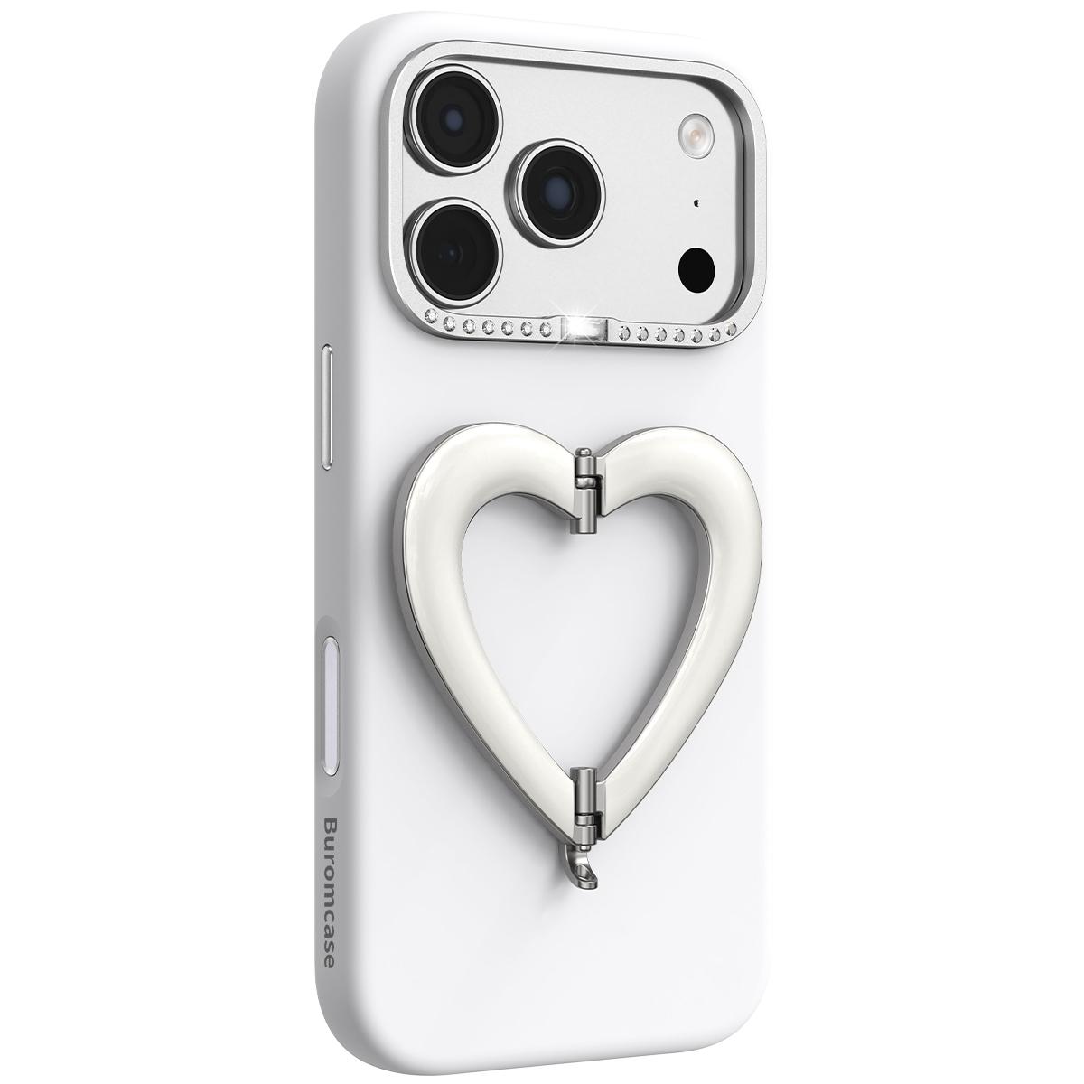 For iPhone 18 Pro Max Liquid Silicone Metal Heart-Shaped Kickstand Phone Case(White) - Shopkiz.com
