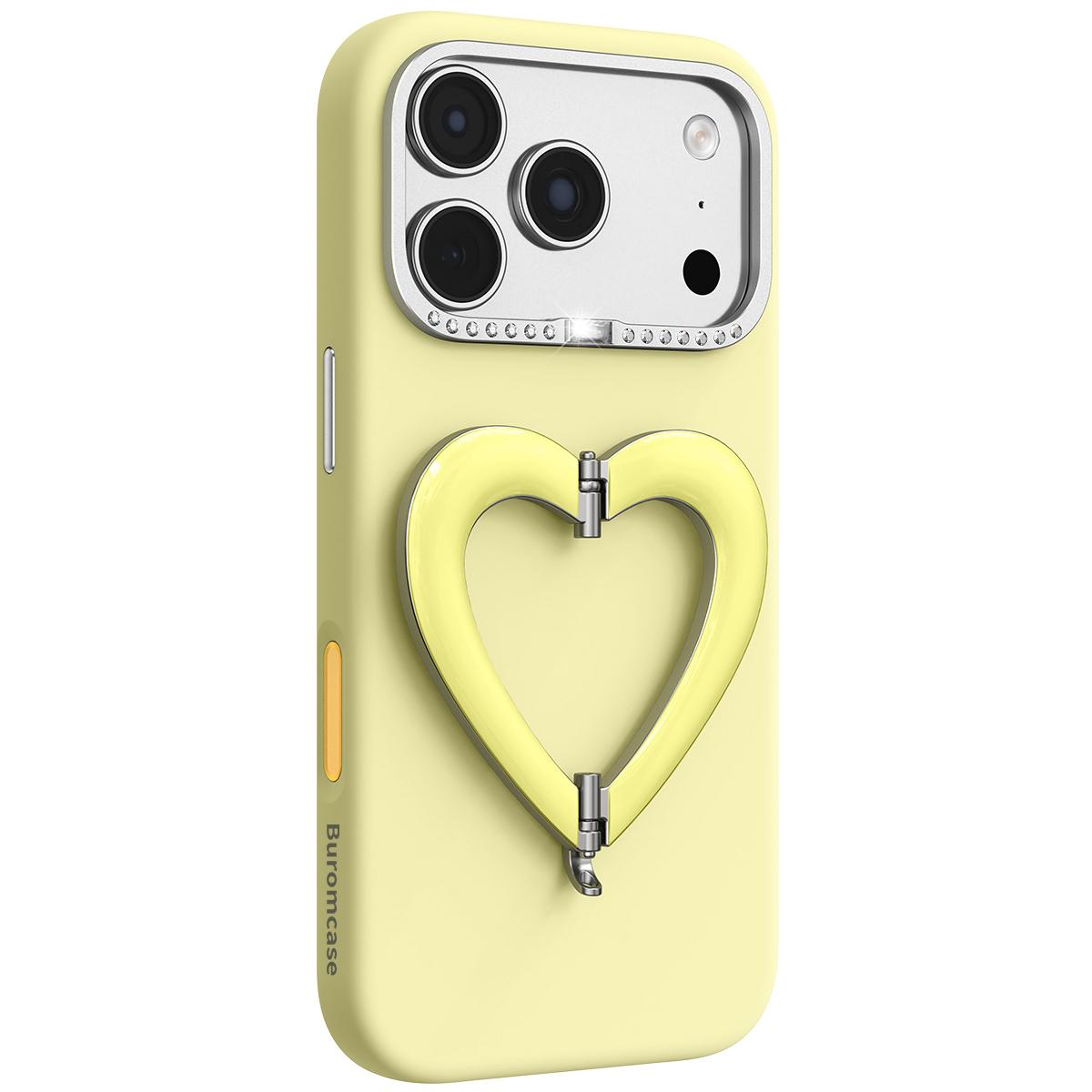 For iPhone 18 Pro Max Liquid Silicone Metal Heart-Shaped Kickstand Phone Case(Yellow) - Shopkiz.com