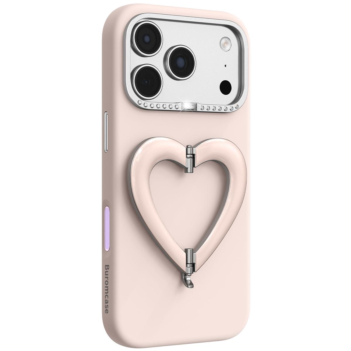 For iPhone 17 Pro Max Liquid Silicone Metal Heart-Shaped Kickstand Phone Case(Pink) - Shopkiz.com