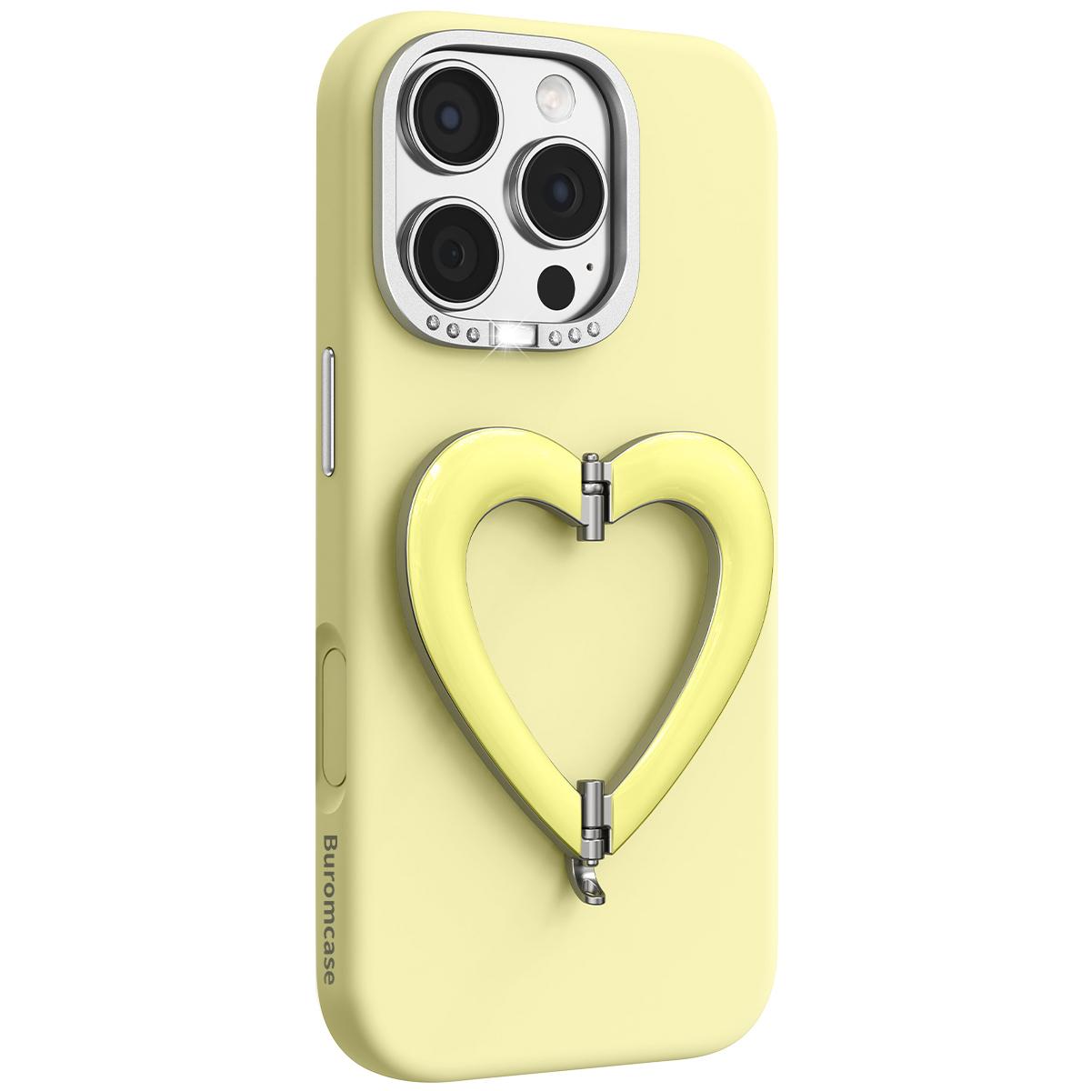 For iPhone 16 Pro Max Liquid Silicone Metal Heart-Shaped Kickstand Phone Case(Yellow) - Shopkiz.com