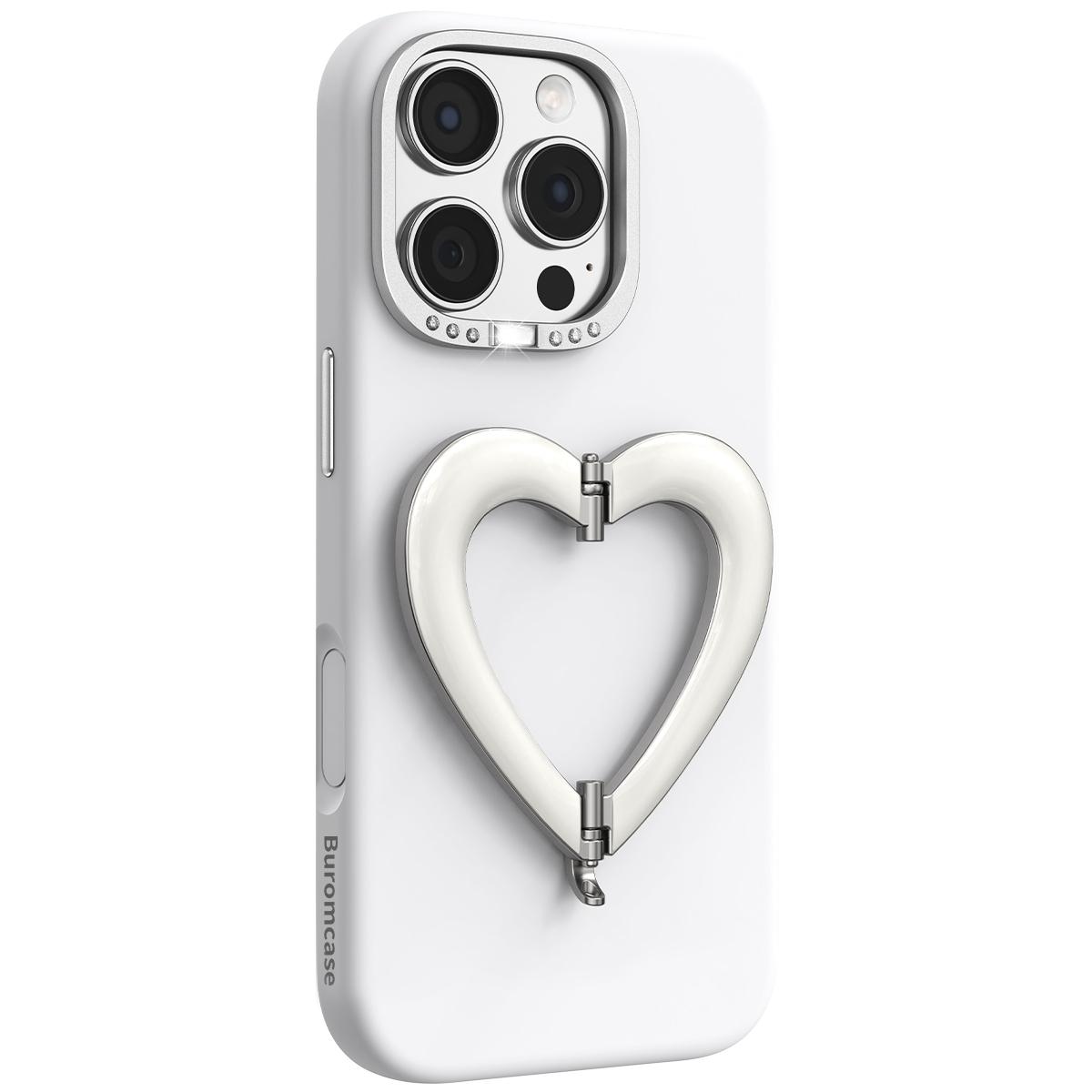 For iPhone 16 Pro Liquid Silicone Metal Heart-Shaped Kickstand Phone Case(White) - Shopkiz.com