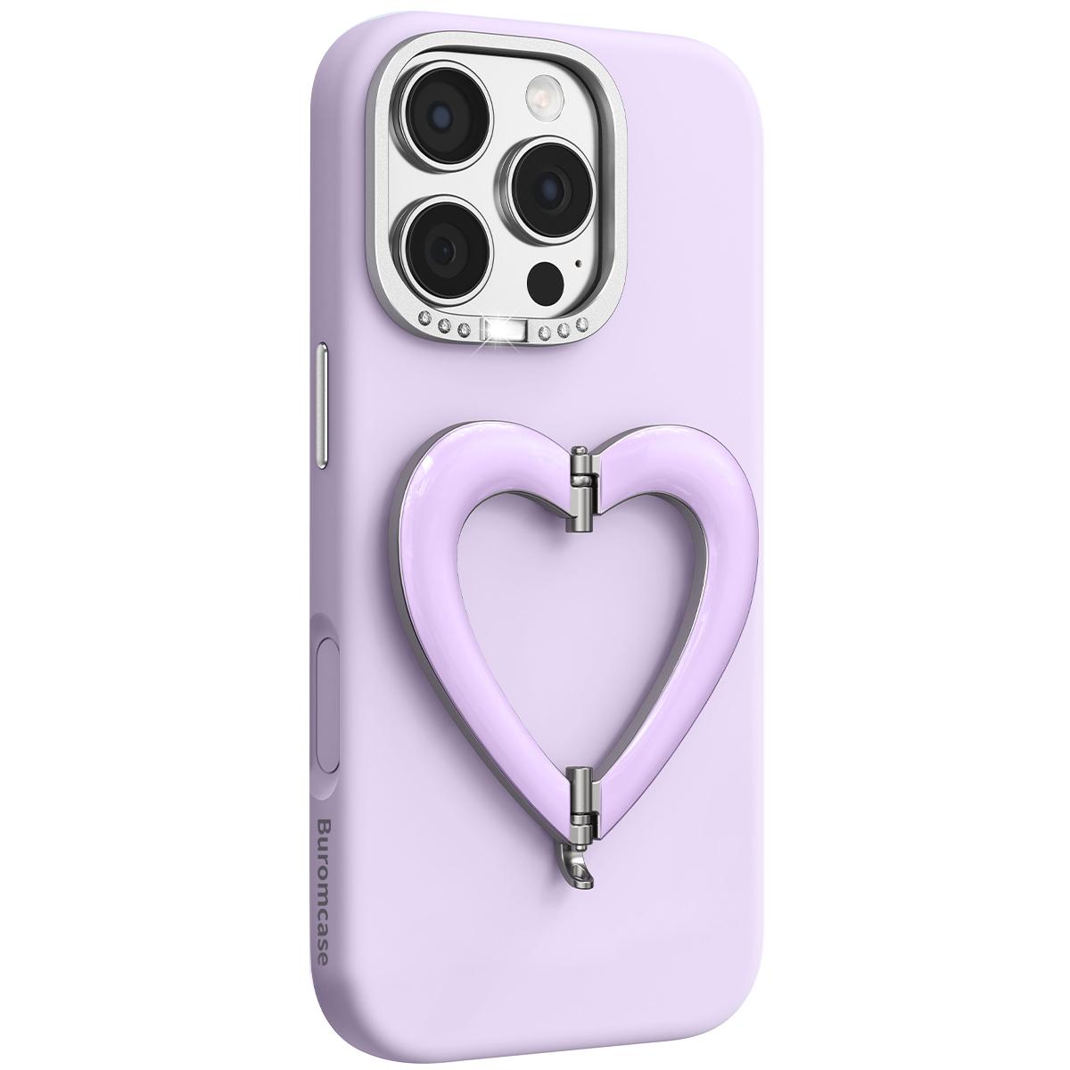 For iPhone 16 Pro Liquid Silicone Metal Heart-Shaped Kickstand Phone Case(Purple) - Shopkiz.com