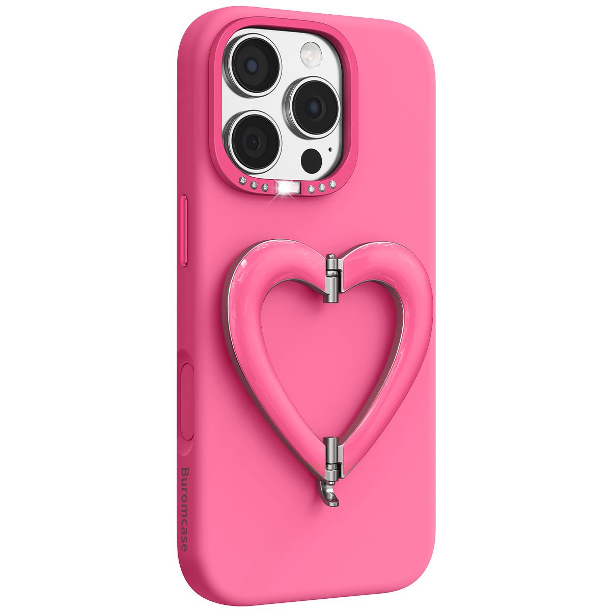 For iPhone 16 Pro Liquid Silicone Metal Heart-Shaped Kickstand Phone Case(Rose Red) - Shopkiz.com