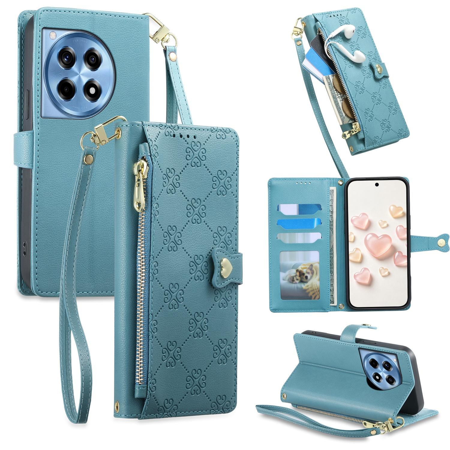 For OnePlus 12R / OnePlus Ace 3 Zipper Wallet Heart Buckle Vegan Leather Phone Case with Wrist Strap(Lake Blue) - Shopkiz.com